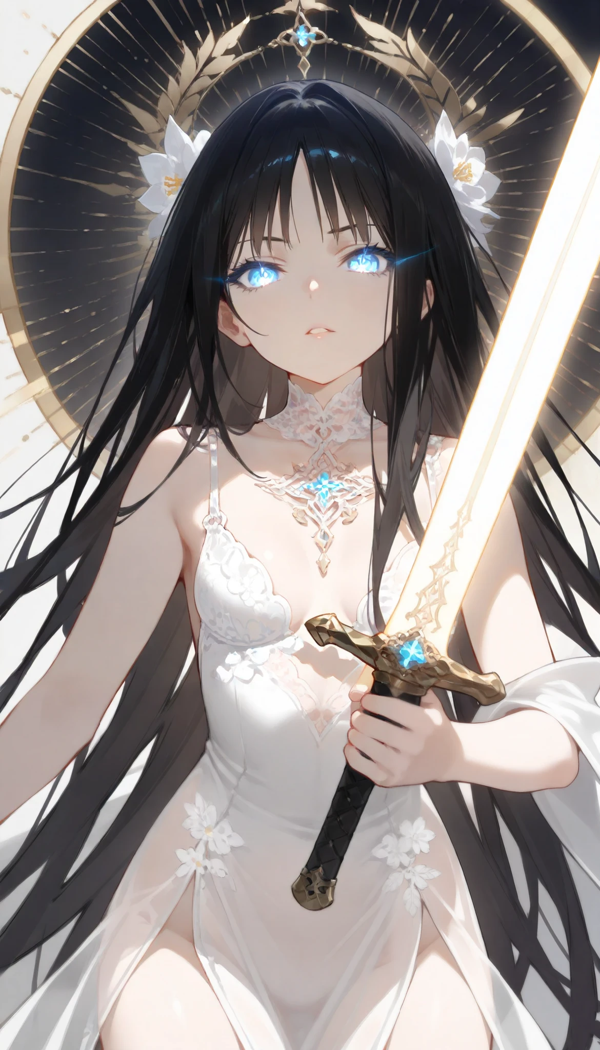 ((best quality)), ((masterpiece)), (detailed), perfect face, (best quality), (detailed skin:1.3), (intricate details), A beautiful woman with a glowing sword, Glowing Eyes, long black hair, light clothing, Pale Light, Illumination