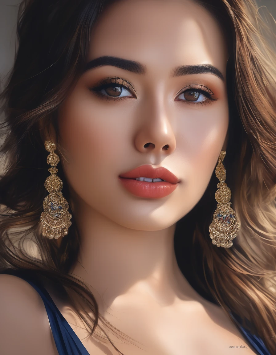 Full body image, hyperrealistic photograph of a sexy woman, 30 years old,sexy body, black saree, big breasts, very light brown hair,blue eyes, small earring in right ear, very long eyelashes, sensual lips, provocative and sexy expression, mặt tròn, đôi môi gợi cảm