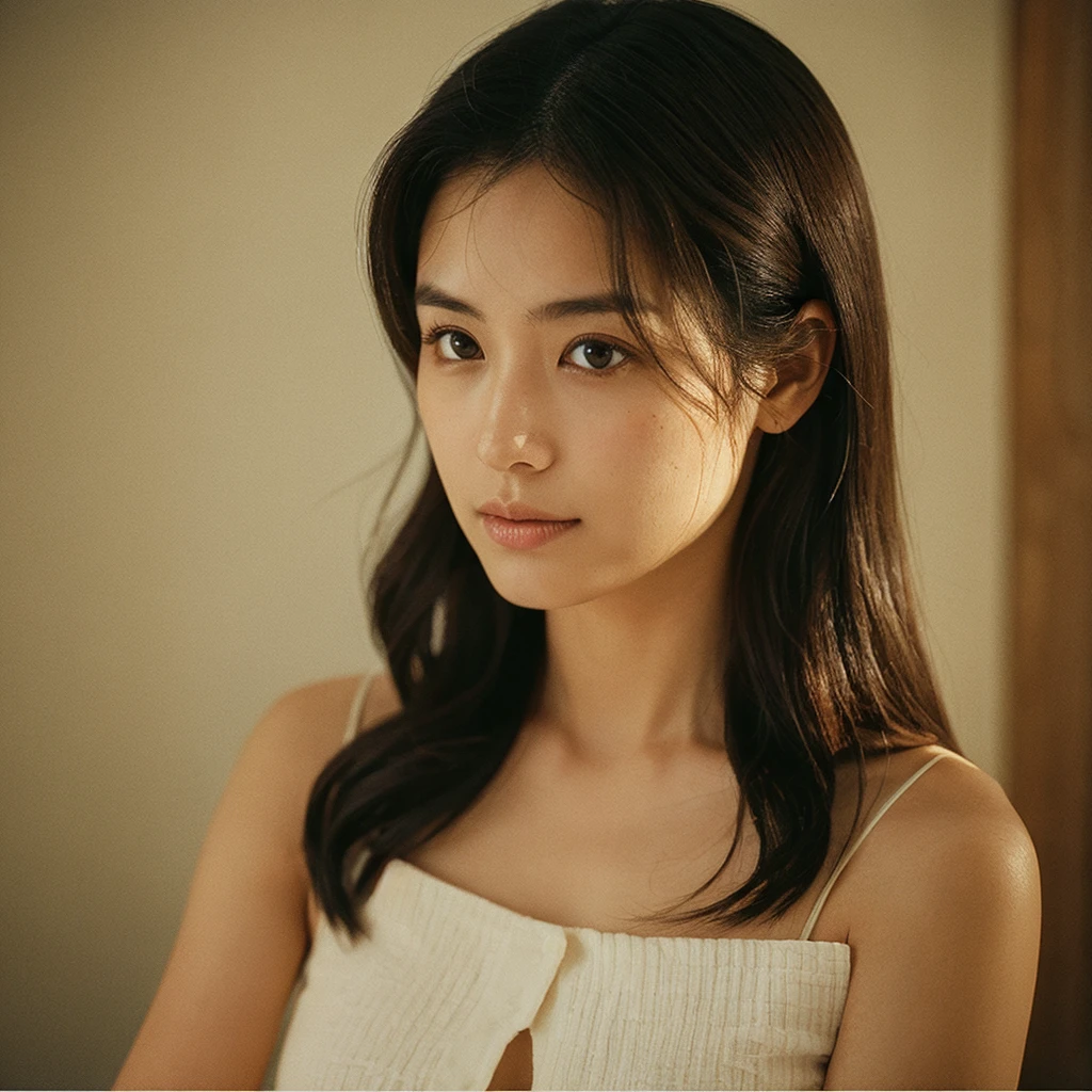 A hyper-realistic image of a single Japanese woman in her early 20s, captured with the nostalgic warmth and subtle graininess of a film camera. Her skin has a warm beige tone with a natural, slightly rough texture that includes visible pores, fine lines, and subtle imperfections such as small blemishes, adding to the authenticity of her appearance. The soft, diffused natural light enhances the film-like quality, casting gentle shadows that create a timeless, organic feel. Her straight, glossy black hair frames her face in a natural, slightly tousled manner, and her deep brown eyes reflect the ambient light, adding depth and emotion. The film camera effect introduces a slight grain and a softer focus, giving the image a warm, nostalgic atmosphere while maintaining the realistic texture of her skin. She is dressed simply, in a way that complements her natural beauty, with the overall composition designed to evoke a sense of genuine, understated elegance. The use of natural light, combined with the deliberately rougher texture of her skin and the film-like qualities, ensures that this image captures the imperfections that make her beauty truly lifelike, focusing solely on this one individual.She is not wearing underwear or a bra, only a shirt.The shirt is all unbuttoned, exposing the skin and hiding the nipples.Be sure to keep your eyes on us.