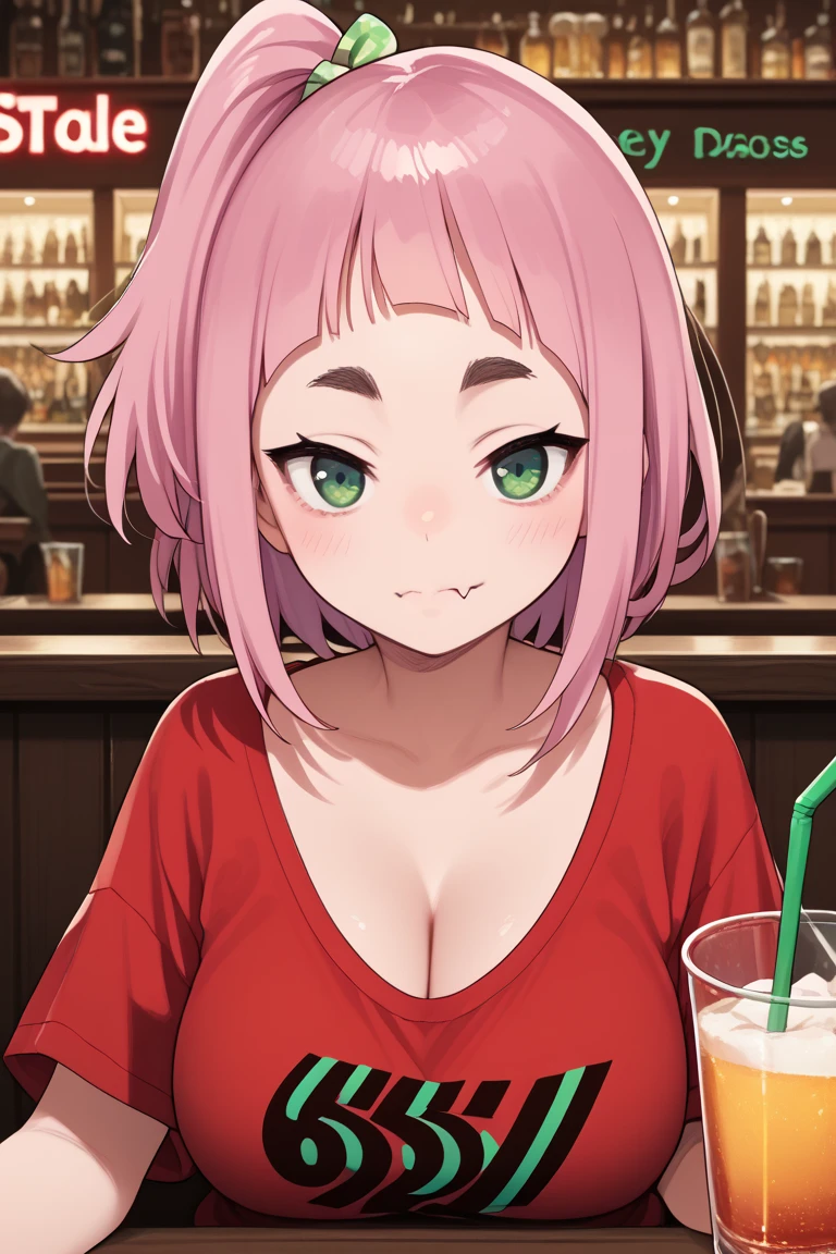 source_anime,
kiuiwatase, kiui watase, short hair, bangs, green eyes, pink hair, thick eyebrows,blunt bangs, open hair
skin fang, large breasts, cleavage,                       shadows, perfect body, beautiful eyes, tight dark red shirt, bar, table, detailed background, perfect boobs, girl sitting behind table, upper body view, looking at viewer, drink, straw, blushing, talking