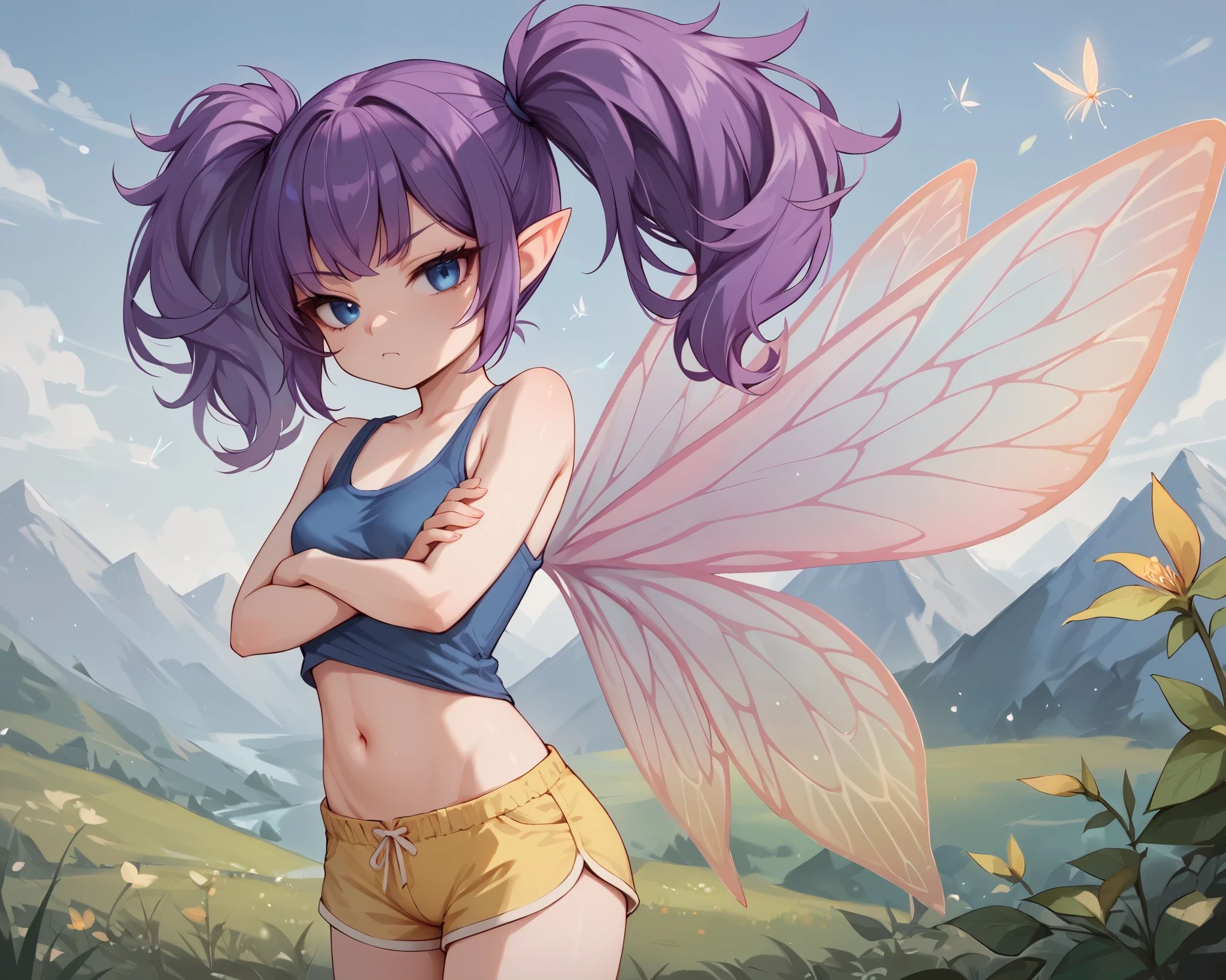 score_9_up, score_8_up, score_7_up, 1girl, solo, source_anime, fairy, FairyForm, Fairy Wings, Wings BREAK 

Short twintails, fairy wings, bangs, small breasts, purple hair, blue eyes BREAK 

White tank top, navel, Yellow shorts BREAK 

Closed mouth, bored face, looking at viewer, crossed arms, outdoors, mountains, background sky, cloudy sky, blue sky BREAK 