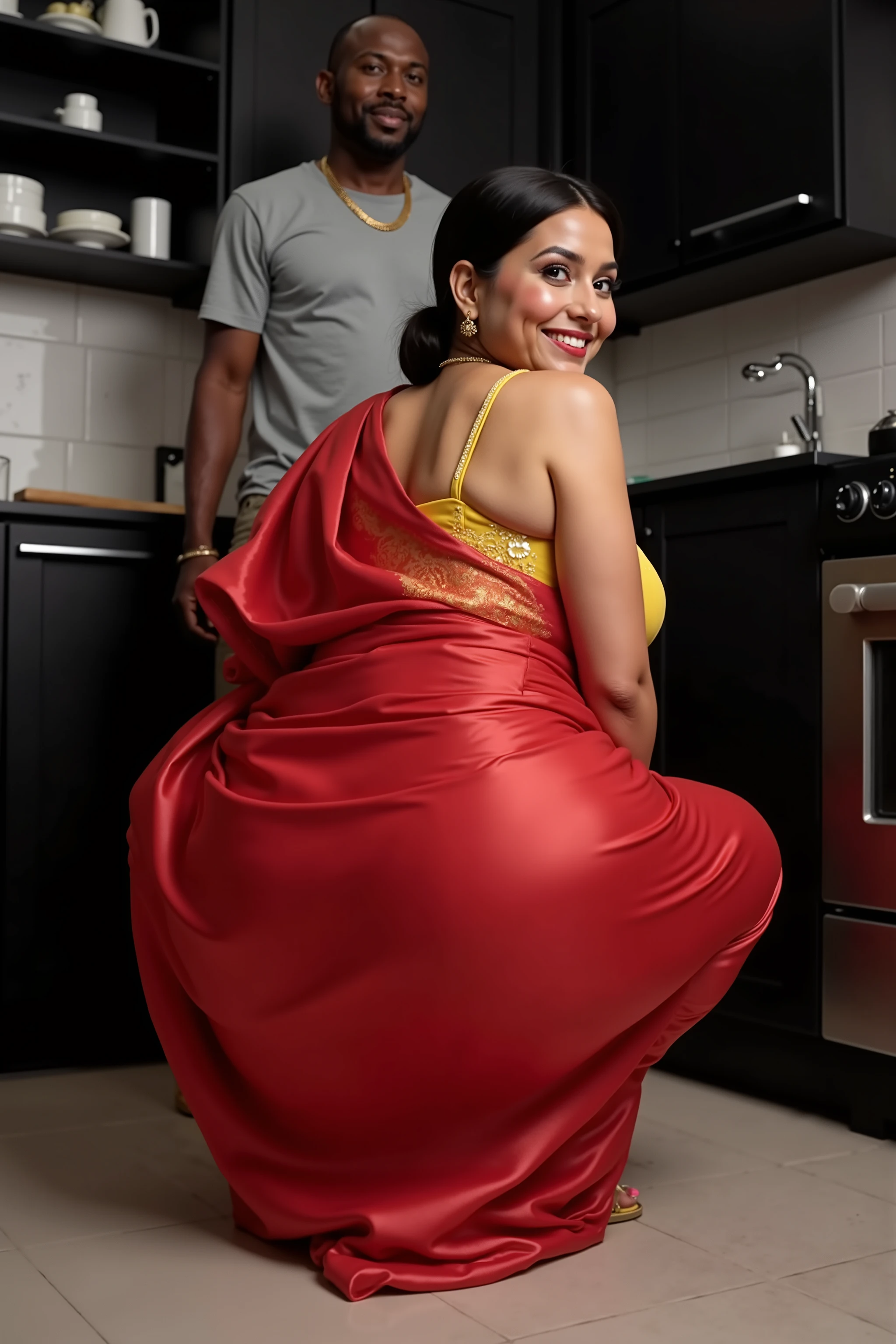 Beautiful indian woman, 44 years old, soft white skin, low bun hair, huge very big booty, strong legs, wears a yellow silk bra,, red shining silk Saree, gold stelito heels, she shows her huge very big booty towards the camera by squatting down and at the same time turns her head to the camera smiling, the image is taken in a black painted kitchen, two nigerian men standing on back side of women,