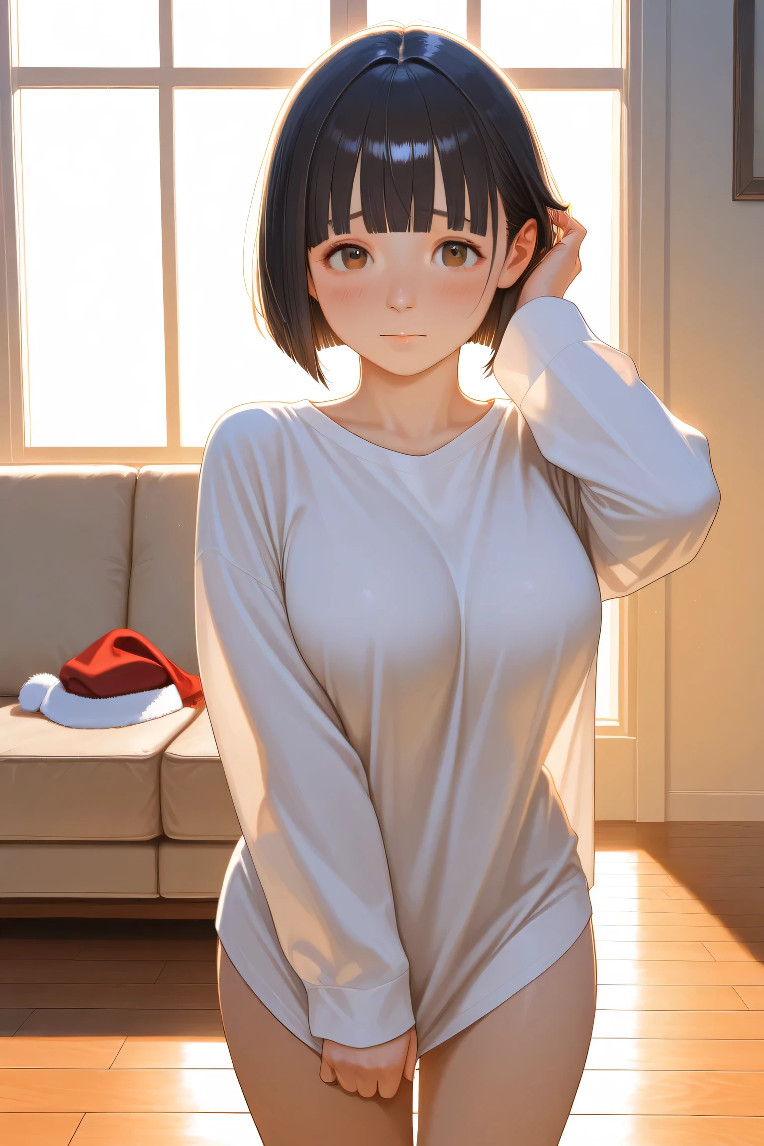 1girl, standing, hand on hair, looking at viewer, cowboy shot, 
BREAK girl, 22yo, short hair, bob cut, ear, (blunt bangs), black hair, (tareme:1.2), detailed cute brown eyes, curled eyelashes, (large breasts:0.8),
beautiful eyes, beautiful face,
(naked shirt:1.2),
(embarrassed:1.2), frown, light smile,
living room, winter, wooden floor, unworn santa hat on floor, morning, window, (backlighting:1.3), cinematic lighting,
masterpiece, best quality, amazing quality, very aesthetic, absurdres, newest, (realistic:1.2), super detailed, extremely detailed, nsfw, explicit