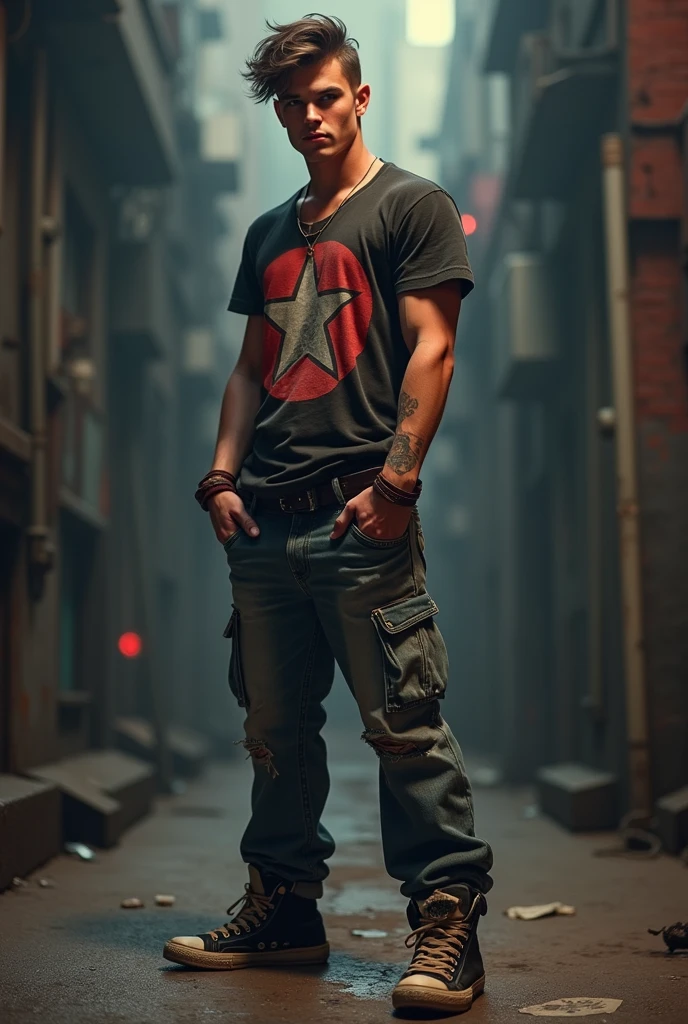 plano general, whole body, ((1 handsome young man, elegant, sensual:1.6)), (high resolution:1.2),ultra detailed, realist, sharp focus,showy,4k,8k, HD. Masterpiece, hiper realist, hyper detailed,With red hat, red camouflage, red sweatshirt, blue leggings, broad, by rubio, modern haircut:1.4, nasolabial , standing, half, (reality: 1.5), cyberpunk, Neon city, Neon, 3D, cgi, volumetric ray, white sclera, blue eyes,
