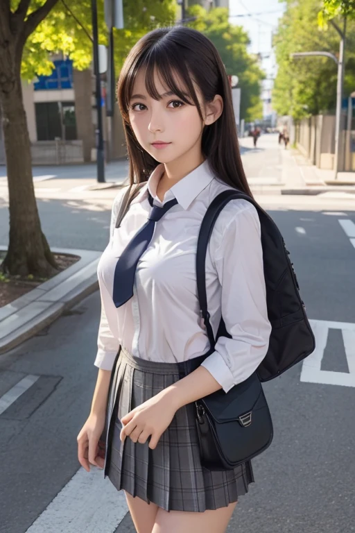 masterpiece,  top quality ,  ULTRA DETAIL,  illustration,, ( eyes:1.4),  One girl , glass,  small breasts,  ties,  skirt, bag,  school uniform,  black hair, Outdoor, road, Between the breasts, street, school bag, Ground vehicles, danchi, Japan,,  