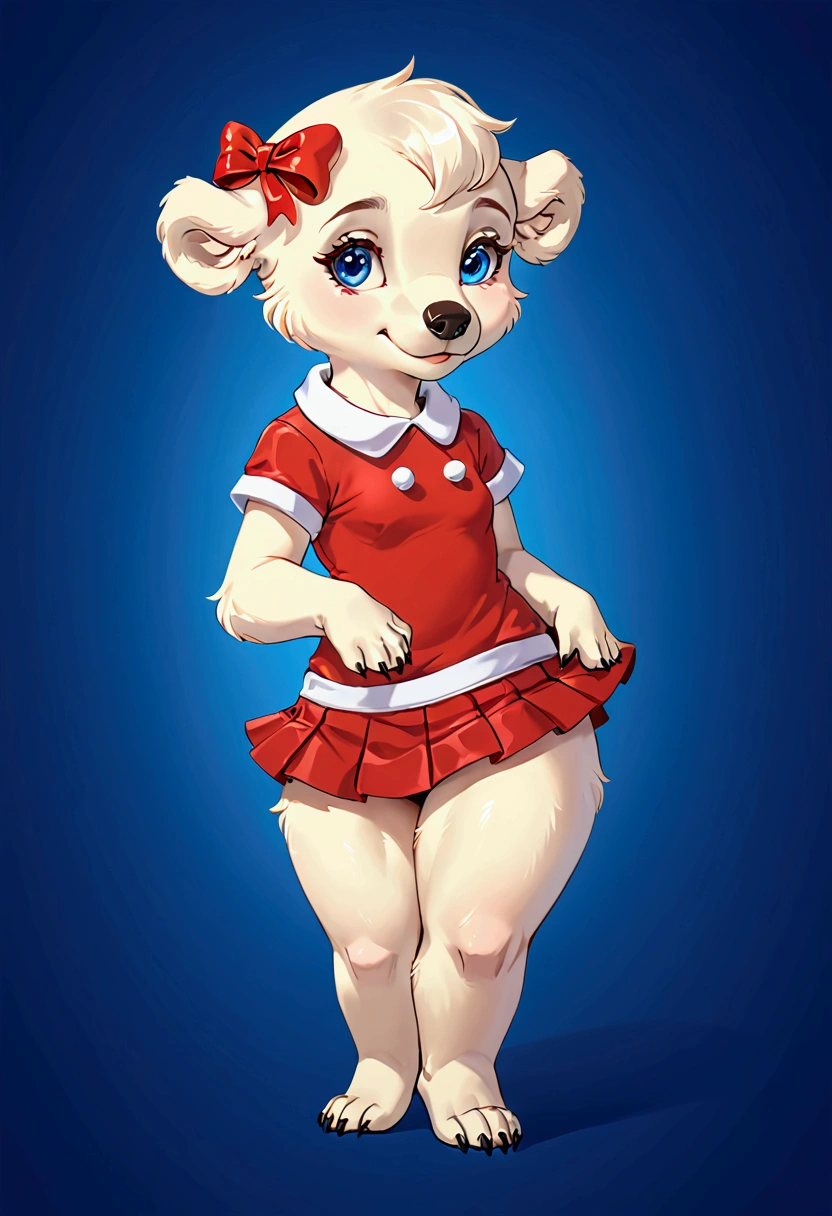 Little slender female polar bear with good big thighs and white fur and cute blue eyes and she's wearing a mini skirt and she's a girl and she's very cute and she's in a Christmas theme.