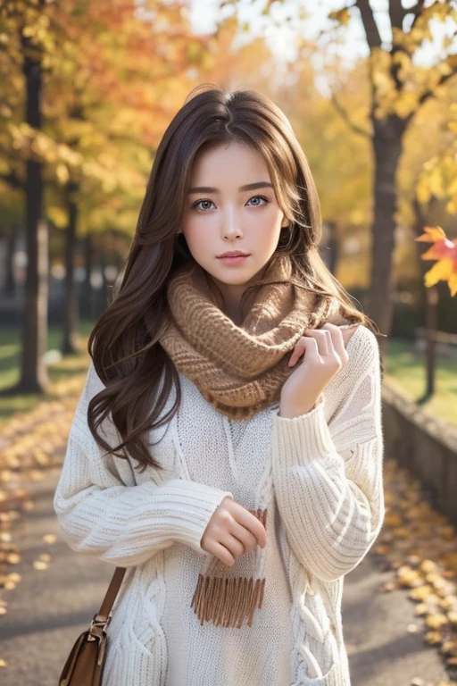 (masterpiece),  top quality ,  ULTRA DETAIL,  illustration, Warm lighting,  soft lighting ,  bright color,  1 girl, Alone,(  beautiful girls,  long hair,  blue eyes, ribbon, Brown Hair,  hair between eyebrows, hair ribbon, side lock, very  long hair,  messy hair,) , autumn,  lots of maple trees , Maple Leaf , Gold Leaf , autumn leaves, Dry leaves, river,   fresh air ,  peace, Cool breeze , Sweater Weather,(  wear a white or brown sweater,  Red Scarf , melancholyなautumn,  Wistful , melancholy,  sad ,worried, longing,)