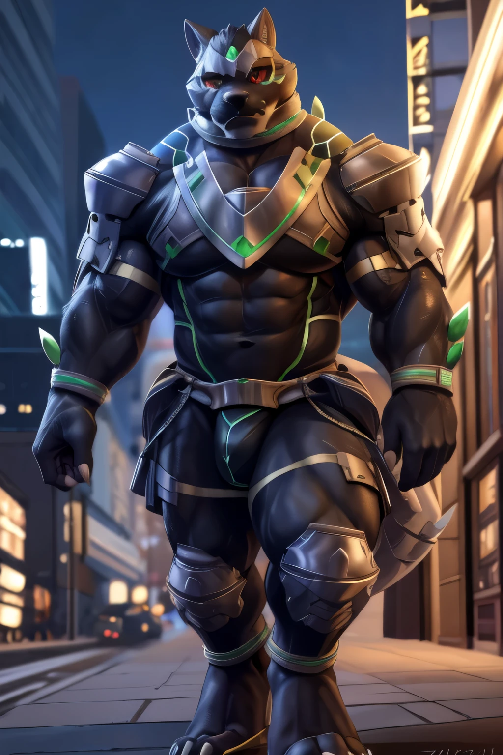 monomasa, solo, (soft shading), 4k, hi res, (detailed face, detailed eyes, detailed), ((full body)), by zackarry911, by zaush, (by personalami:0.5), male, muscular male, bara, muscular,  looking at viewer, 1boy, male focus, thighs, cowboy shot, armor, fingernails, bodysuit, abs, shoulder armor, claws, bulge, pauldrons, sharp fingernails, red sclera, thick arms, green eyes, (pose), night, macro in miniscule city