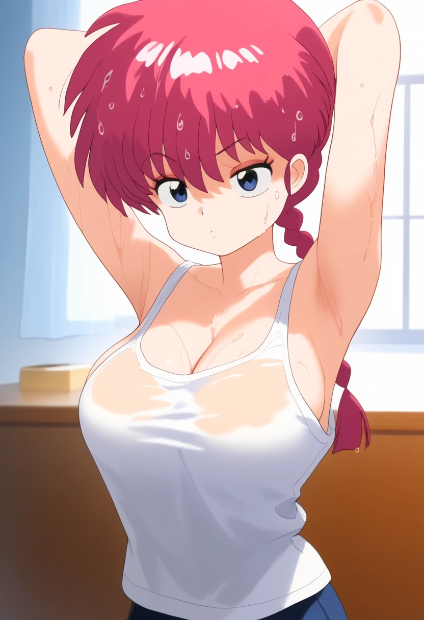 1 girl,  Ranma saotome ,  red hair,  hair with a braid,  blue eyes,  detailed eyes ,  big breasts,  NSFW,  detailed face ,  huge and soft breasts, desnuda, room, white tank top, Sexy shirt ,  arms up,  hands behind the head,, wet, wet hair, half-closed eyes,  hair on the face,  lavender purple eyelids,  transparent clothing  