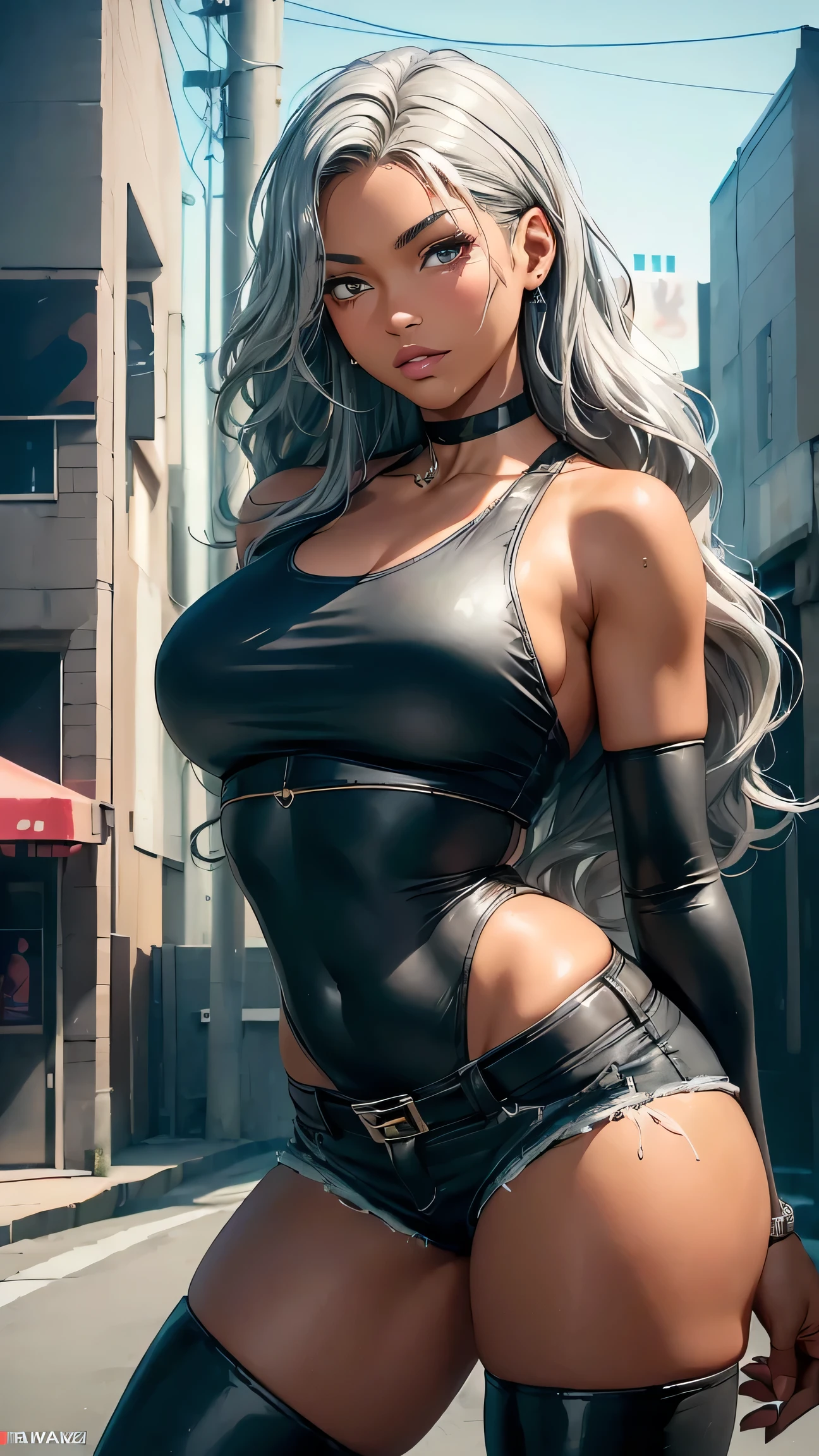 (((Perfect masterpiece)), Ultra HD, Ultra-realistic, Highly realistic, photograph realistic, maximum detailed 1:4, Highly detailed, 8K high resolution))), stunning cyberpunk 2077 style landscape of CYBERPUNK 2077 HIGH DETAILED HIGHSCHOOL LANSCAPE SETTING, neon lights creating a surreal atmosphere, Sexy twenty one year old UCHIHA WOMEN name AKUA, AKUA MIXED WITH LATINA AN AFRICAN AMERICAN, AKUA has beautiful (((medium tanned smooth caramel skin complexion))), PERFECT FACE, beautiful detailed delicate lips, beautiful detailed LIGHT BROWN hazel eyes with a beautiful glow, AkUA hair is (((wavy lob))),(((perfect detailed hair))), AQUA HAIR COLOR IS (((silver hair color))) akua is Extremely detailed 8K, Extremely gorgeous face inspired by tsunade from naruto, (((Gorgeous AKUA HAS a SEXY voluptuous gym (fit) hourglass body with a perfect figure to her full height, well - developed muscles, beautiful body, athletic legs and hips, 38d breast size))), (((akua wearing Poison as she appears in Street Fighter V: Arcade Edition outfit, AKUA IS wearing poison from (((street fighter 5))) outfit, super cropped black tank top, an black jean booty shorts, black thigh high boots, thigh high boots thats tight in a realistic way, black choker))), realistic ultra-detailed), captivating, seductive expression, AKUA standing in dynamic pose, final fantasy 7 remake 3d cgi, 8K, high resolution , studio lighting accentuating her features, vivid colors enhancing the overall composition, bokeh effect adding depth and focus to AKUA, physically-based rendering capturing every intricate detail of her appearance, FULLBODY IMAGE SHOT