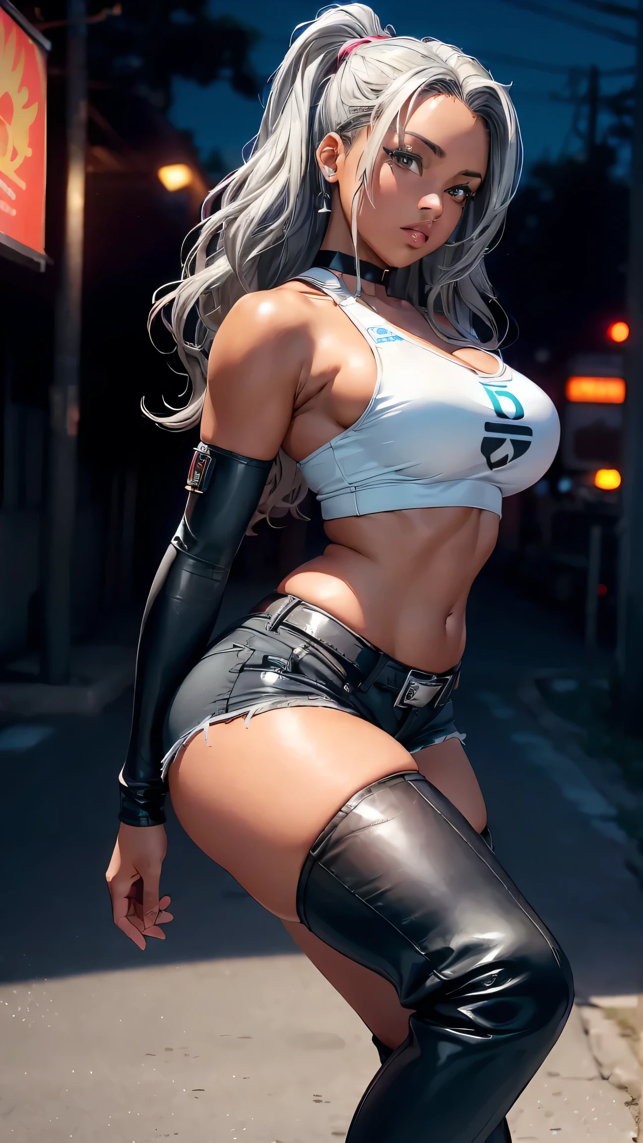 (((Perfect masterpiece)), Ultra HD, Ultra-realistic, Highly realistic, photograph realistic, maximum detailed 1:4, Highly detailed, 8K high resolution))), stunning cyberpunk 2077 style landscape of CYBERPUNK 2077 HIGH DETAILED HIGHSCHOOL LANSCAPE SETTING, neon lights creating a surreal atmosphere, Sexy twenty one year old UCHIHA WOMEN name AKUA, AKUA MIXED WITH LATINA AN AFRICAN AMERICAN, AKUA has beautiful (((medium tanned smooth caramel skin complexion))), PERFECT FACE, beautiful detailed delicate lips, beautiful detailed LIGHT BROWN hazel eyes with a beautiful glow, AkUA hair is (((wavy lob))),(((perfect detailed hair))), AQUA HAIR COLOR IS (((silver hair color))) akua is Extremely detailed 8K, Extremely gorgeous face inspired by tsunade from naruto, (((Gorgeous AKUA HAS a SEXY voluptuous gym (fit) hourglass body with a perfect figure to her full height, well - developed muscles, beautiful body, athletic legs and hips, 38d breast size))), (((akua wearing Poison as she appears in Street Fighter V: Arcade Edition outfit, AKUA IS wearing poison from (((street fighter 5))) outfit, super cropped black tank top, an black jean booty shorts, black thigh high boots, thigh high boots thats tight in a realistic way, black choker))), realistic ultra-detailed), captivating, seductive expression, AKUA standing in dynamic pose, final fantasy 7 remake 3d cgi, 8K, high resolution , studio lighting accentuating her features, vivid colors enhancing the overall composition, bokeh effect adding depth and focus to AKUA, physically-based rendering capturing every intricate detail of her appearance, FULLBODY IMAGE SHOT