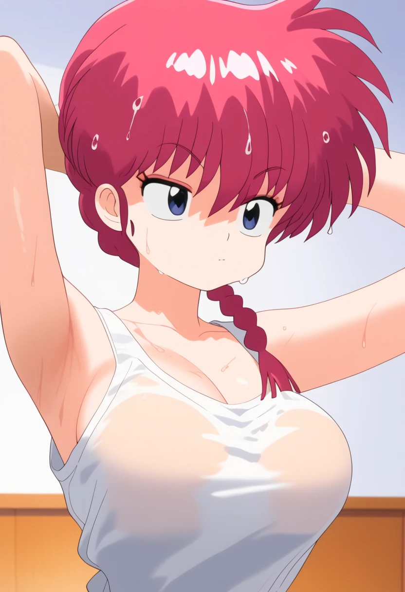 1 girl,  Ranma saotome ,  red hair,  hair with a braid,  blue eyes,  detailed eyes ,  big breasts,  NSFW,  detailed face ,  huge and soft breasts, desnuda, room, white tank top, Sexy shirt ,  arms up,  hands behind the head, wet, wet hair, half-closed eyes,  hair on the face,  lavender purple eyelids,  transparent clothing , Letting see through clothes