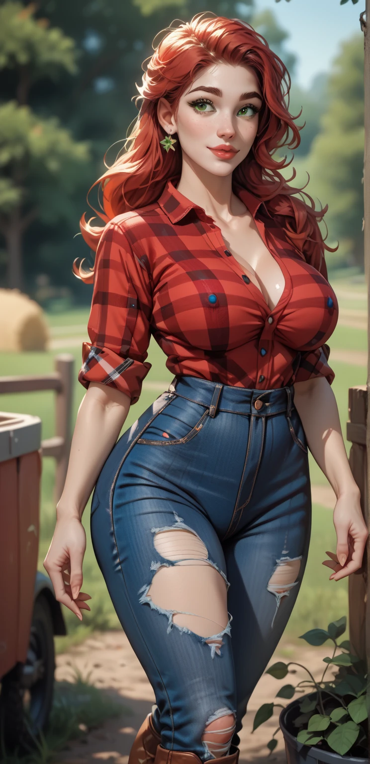 Red hair, long hair, green eyes,1girl, Solo, Accurate, Anatomically Correct, High Details, Best Quality, Large breasts, round butt, thick thighs, small waist, full pouty lips, sexy, farmer, Light Smile, Multiple Views, show full body, red flannel longsleeve shirt, ripped denim jeans, boots, 