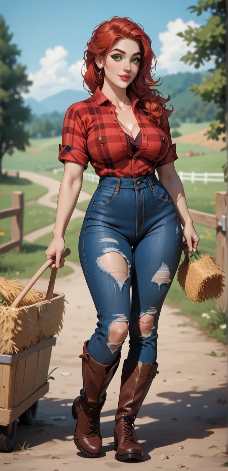 Red hair, long hair, green eyes,1girl, Solo, Accurate, Anatomically Correct, High Details, Best Quality, Large breasts, round butt, thick thighs, small waist, full pouty lips, sexy, farmer, Light Smile, Multiple Views, show full body, red flannel longsleeve shirt, ripped denim jeans, boots, 