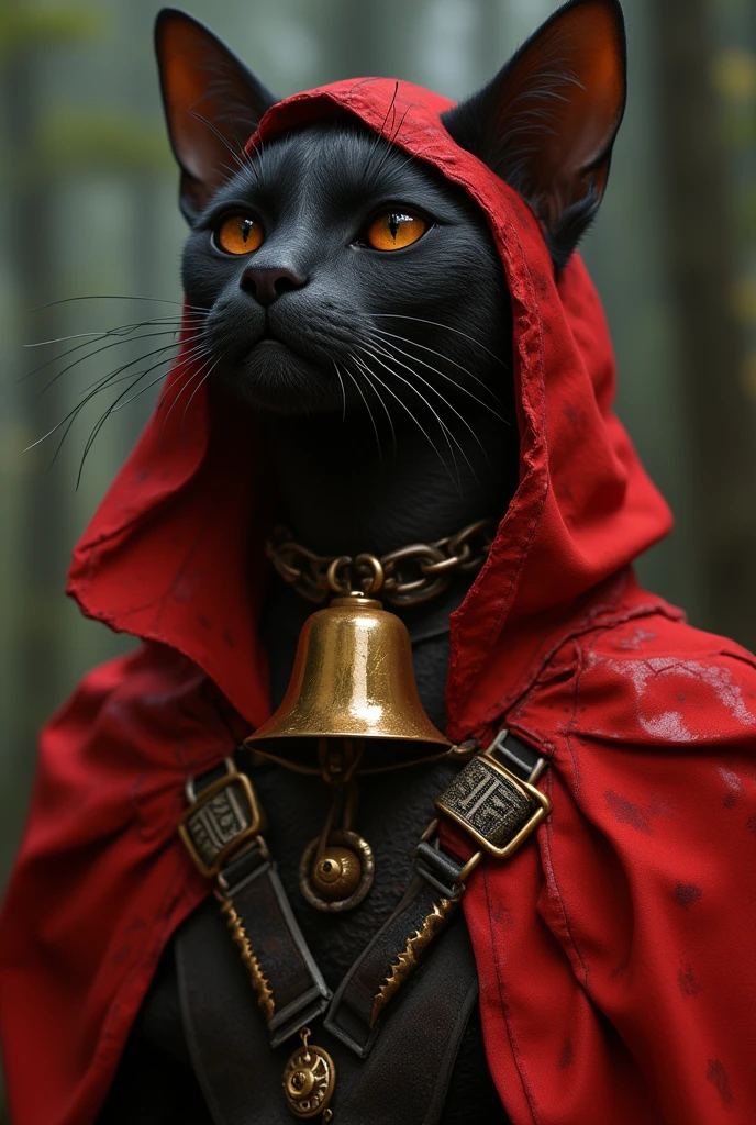 Cat beast woman, big bell around her neck, red cloak, ultra detailed, absolutely resolution, masterpiece