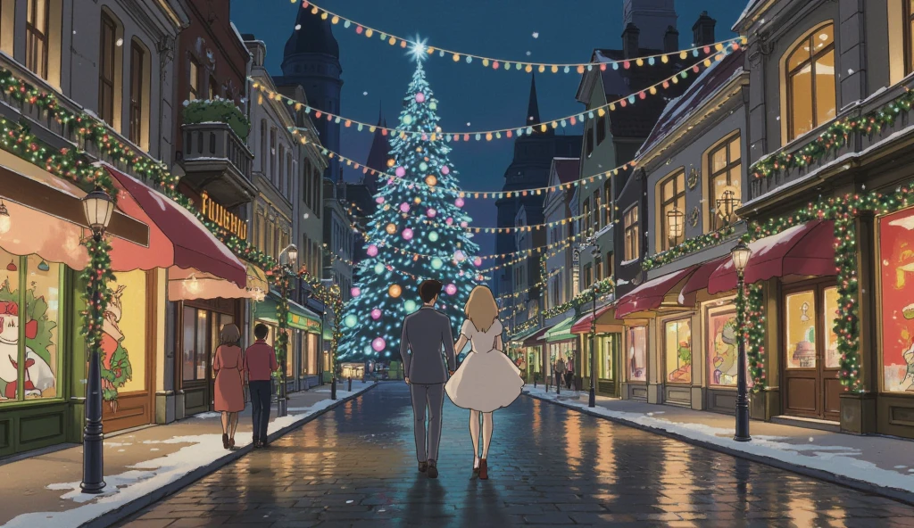  top quality , LOFI風、Illustrate a stunning Christmas night scene featuring two elegant individuals walking through a luxurious city illuminated by dazzling holiday lights. The couple, dressed stylishly for the festive occasion, strolls hand-in-hand along a decorated avenue. The background showcases towering Christmas trees adorned with sparkling ornaments, glowing fairy lights, and intricate decorations on every storefront. Snow gently falls, adding a magical touch to the scene. Reflections of the lights shimmer on the wet cobblestone streets, creating a dreamlike atmosphere. The couple exudes warmth and sophistication, surrounded by the joyous energy of the festive city、Ghibli style