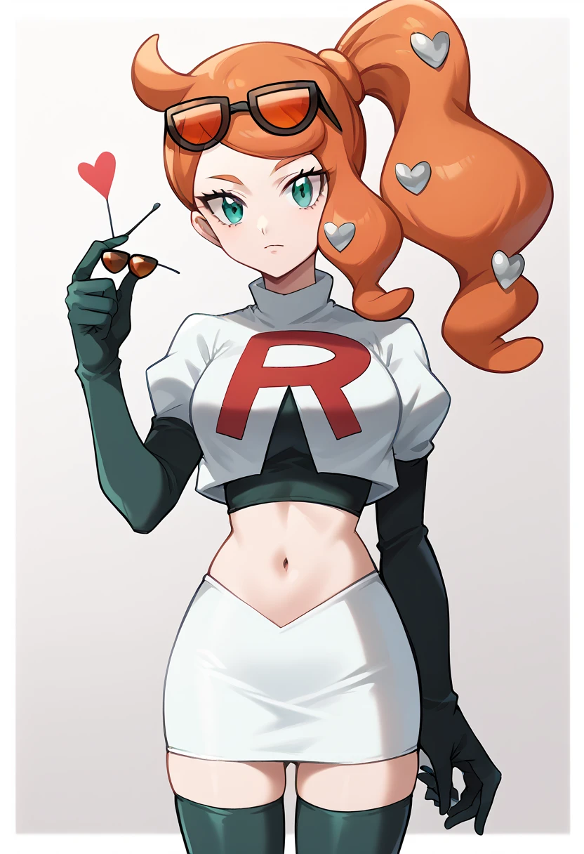 score_9, score_8_up, score_7_up, source_anime,
pokemonsonia, pokemonsonia, aqua eyes, heart, heart hair ornament, long hair, orange hair, side ponytail, swept bangs,
eyewear on head, orange-tinted eyewear, sunglasses, tinted eyewear,
looking at viewer, cowboy shot, team rocket,team rocket uniform,white skirt,red letter R,crop top,black thigh-highs,black elbow gloves