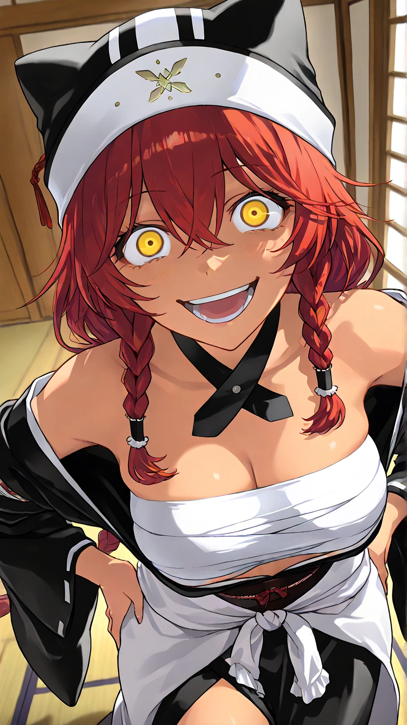 ,  High Quality , 最 High Quality , masterpiece,  high res, detailed face , anatomically correct , 
 yellow eyes,  red hair,  braids,,  wearing a black beast ear hat , One girl , solo, Dark Skin, brown skin, adult woman, Beautiful Women,Beauty,
Inside a Japanese house(Japanese-style room),血まみれのJapanese-style room,Blood is bouncing on the wall , blood is jumping all over the area where Ki is bouncing on the floor,Bloody Slayer,murder scene(血まみれのJapanese-style room)
samurai,kimono(赤色の雲の柄のkimono),A sword is stuck around the waist , wearing a sword around her waist,samuraiの女性

クローズアップ, from your hand and direct your gaze, Medium build,accurate, slightly larger breasts,
 angle from above ,high angle
smiling, ecstatic expression beside the piano,excited,  open your mouth slightly ,mischievous personality , seductive smile ,Her eyes are frowning ,Up to the thighs,Draw her in a larger size,Crazy look, hands behind hips ,Put your arms behind your hips, Crazy Eyes ,clavicle,kimonoの下に下着(White Sarashi)
Blood is coming back to her body ,There is blood on clothes,
