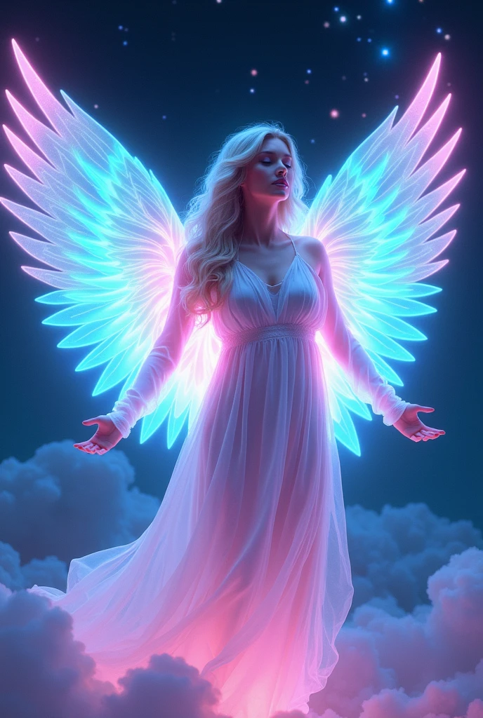 A neat angel with 6 wings of different colors、One person,((((All 6 wings are different colors.))))、 (((ドレス姿1.5))), ((((3 pairs of 6 wings:2.0)))), Beautiful angel, (((The upper wing is warm colored, the middle wing is iridescent, and the lower wing is cool colored.))), (rainbow colop body), 2 tails, Holographic, (The wings are symmetrically paired;1.8), Rainbow gradient

