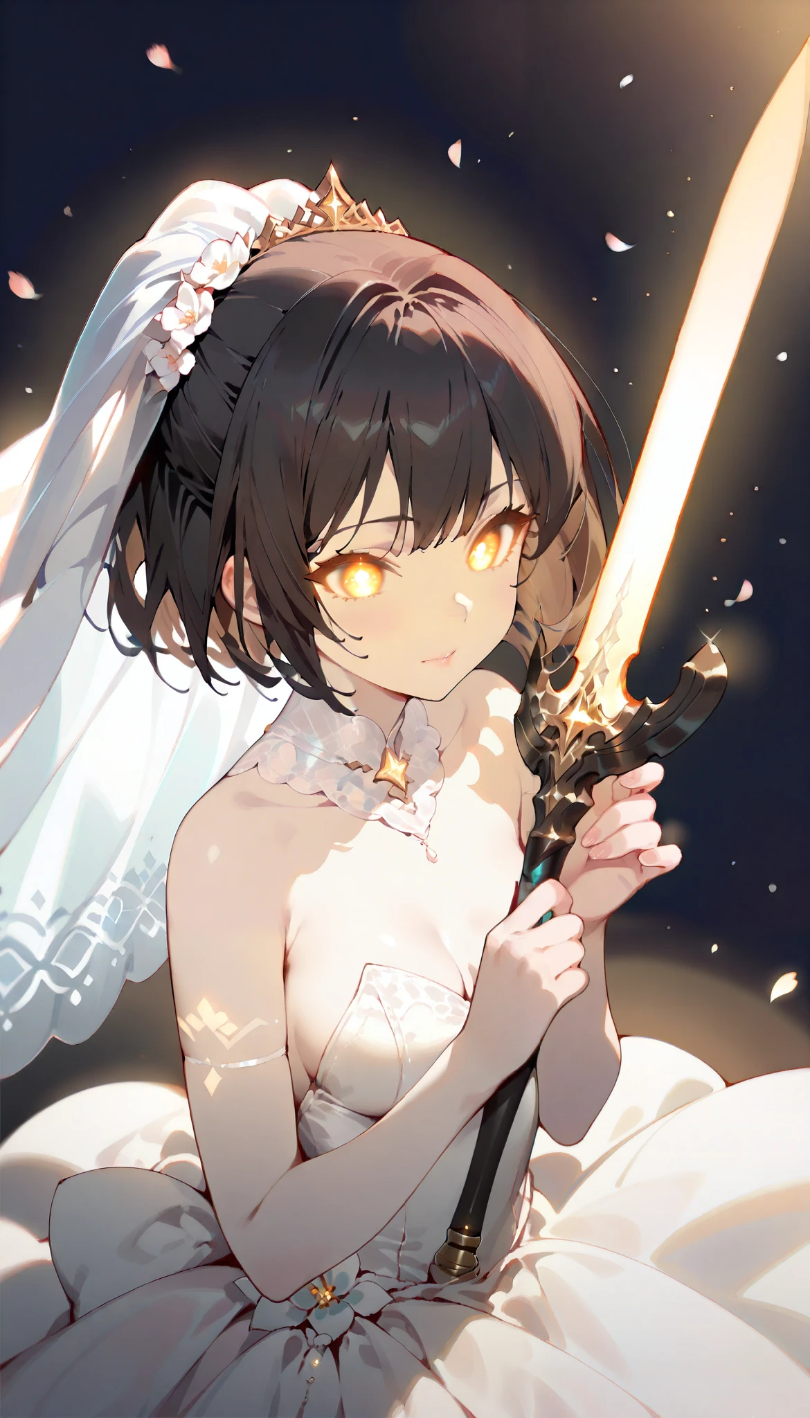 ((best quality)), ((masterpiece)), (detailed), perfect face, (best quality), (detailed skin:1.3), (intricate details), A beautiful woman with a glowing sword, Glowing Eyes, black hair, light clothing, Pale Light, Illumination, wedding dress, short bob cut