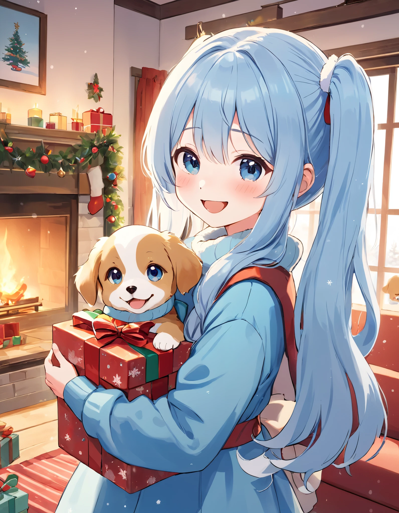   Light Blue Long Hair 、 a little character with a twin-tail hairstyle、 Looking at the bright living room 、Warm room with fireplace 、  snowy scenery outside the window 、 I'm smiling and holding a Christmas present、My dog is on my side 、 christmas tree  、