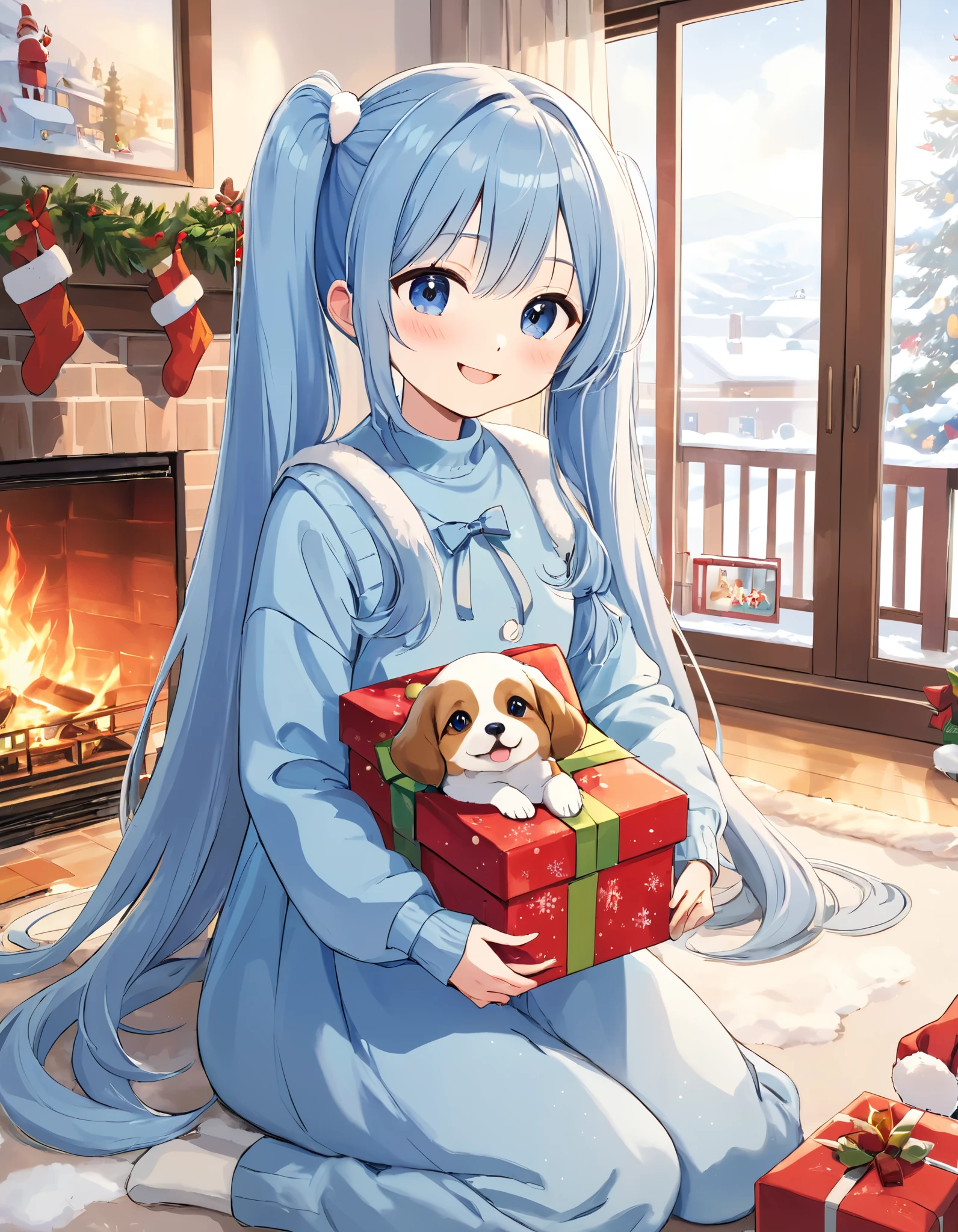   Light Blue Long Hair 、 a little character with a twin-tail hairstyle、 Looking at the bright living room 、Warm room with fireplace 、  snowy scenery outside the window 、 I'm smiling and holding a Christmas present、My dog is on my side 、 christmas tree  、