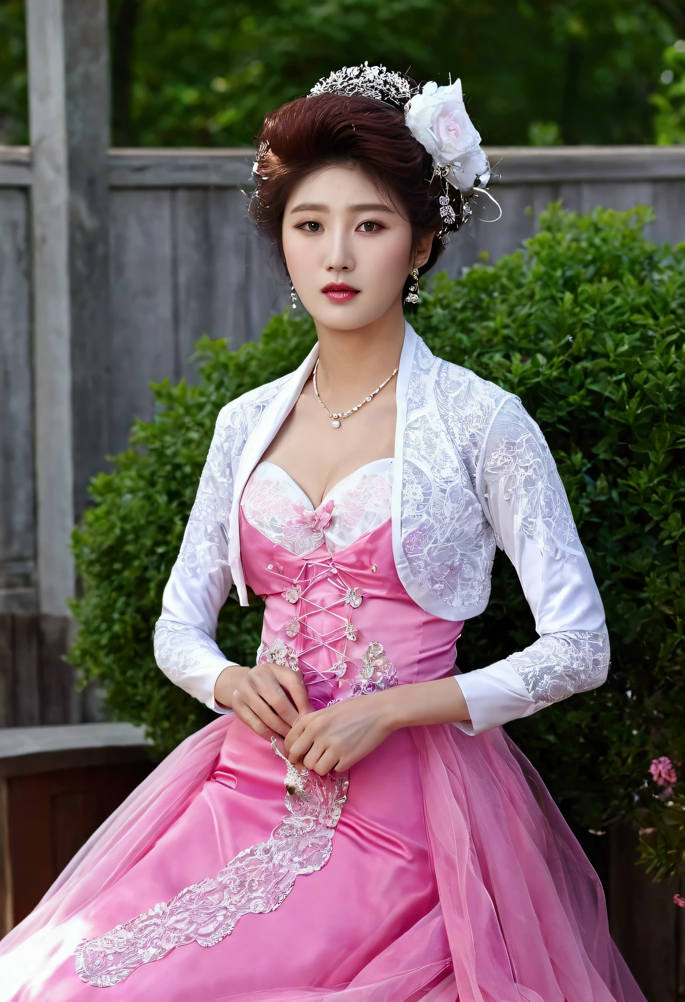 A Korean man had surgery to change his body from male to female, his body is completely female, he has big breasts like a woman, but his face is not changed and still looks like a man, His hair is still manly and short, he is wearing a mother's fancy dress costume, Mother of the Bride Dress Outfit, long sleeve bolero and dress set, bolero and dress coordination, vintage dress set, white and pink, mermaid skirt, sit quietly