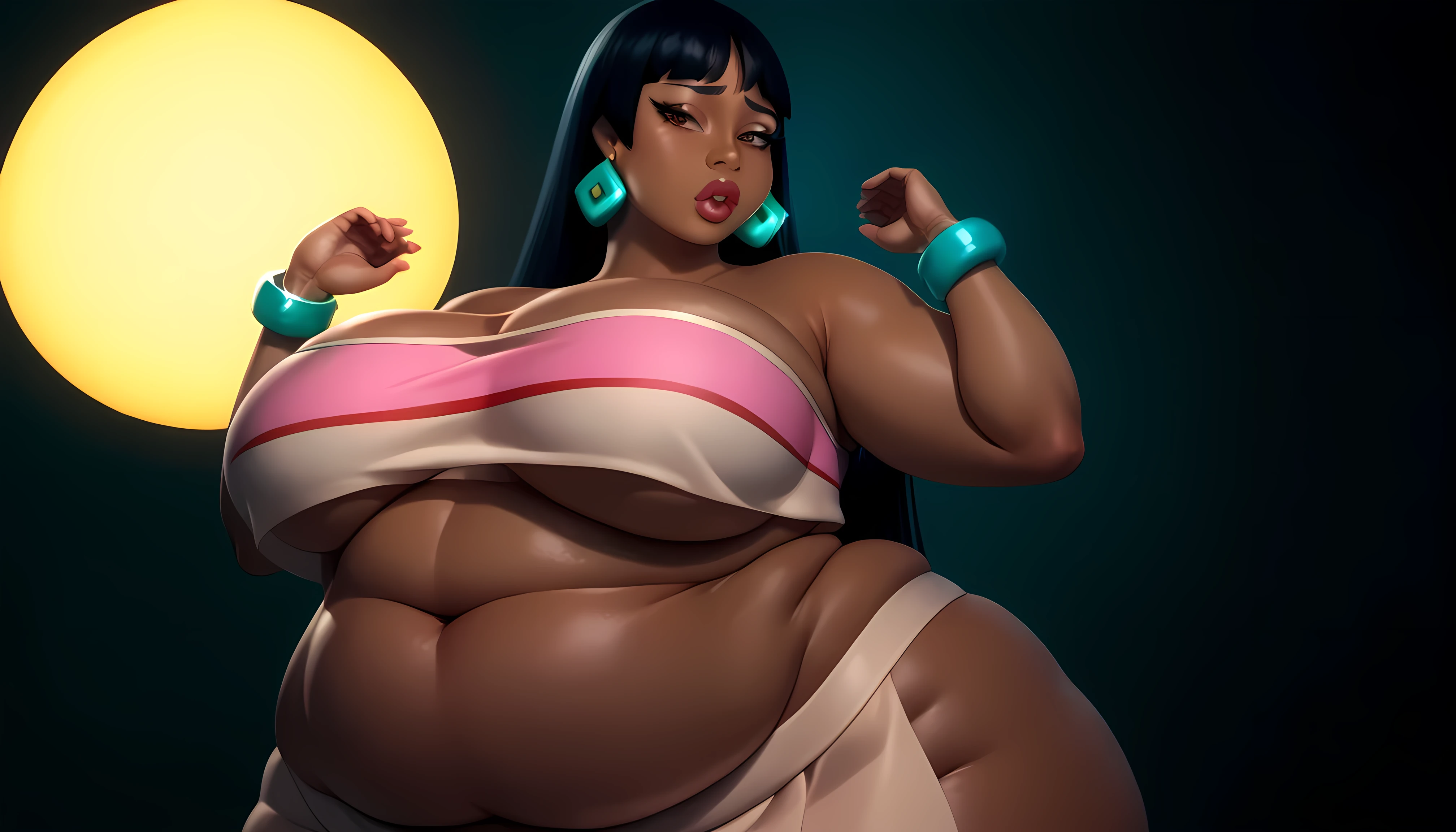 best quality, high rating, c.cu, (Chel, El Dorado), ((brown skin)), ((looking at viewer with interest), brown eyes, full coral pink lips and long, straight thigh-length black hair with flat bangs and sideburns that go partially down ears, non-prominent nose, off-white tube top with a thin red stripe below the thick pink stripe, turquoise bracelets on both wrists, perfect anatomy, good hands, two hands, two arms, two legs, two breasts, one belly, one belly navel, two eyes, one nose, two ears, one mouth, five fingers on each hands, correct face proportions, correct body proportions, voluptuous hips and thick thighs, fat breasts, huge love_handles, fat love_handles, panting, elpacha2(artist), ((jungle background:1.0)), overweight, (chubby body:1.8), (TIME SET NIGHT on background), taut_clothes, big stuffed belly, tired, panting, 8k, hot and bothered, standing, hand_on_hip, hand_on_own_stomach, (fat_girl anatomy), correct fat_girl anatomy, ((MASSIVE BREASTS))