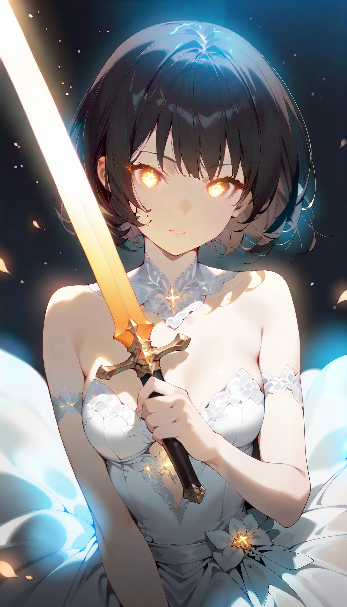 ((best quality)), ((masterpiece)), (detailed), perfect face, (best quality), (detailed skin:1.3), (intricate details), A beautiful woman with a glowing sword, Glowing Eyes, black hair, light clothing, Pale Light, Illumination, wedding dress, short bob cut