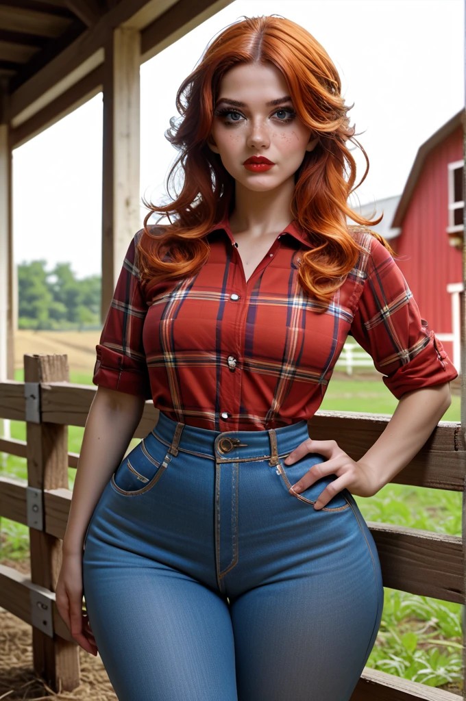 hyperrealistic 23 year old girl, redhead, perfect body, sexy, dark makeup, perfect face, big red lips, big eyes, freckles, big tits, big hips, score_9, score_8_up, score_7_up, score_6_up, source_anime, jeans, plaid shirt, long hair, cowboy shot, barn, farm,hand on own hip, Multiple Views, show full body, 