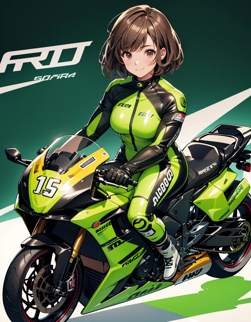  One girl , solo,  high res, chest,  blush,  smiles,  short hair , bangs,  brown eyes,  high res, masterpiece, accurate,  anatomically correct ,  wins numerous awards, 最 High Quality , high detail,  high definition model ,  High Quality ,  retina,  very detailed,  Ultra Fine, Brown Hair, standing, ((( GREEN LEATHER RACING SUIT ))), circuit field background , GREEN SPORTS BIKE ,  wear a green racing suit all over, Leather gloves,  open your mouth and laugh, Highlight the whole body,  don't reveal your skin, During a circuit race, Motorcycle circuit , motorcycle circuit,  racing suit with sponsor logo , ( One girl , Well-proportioned body,  cute face,  short hair:1.2), (最 High Quality ,  high res,  ANIME STYLE,  Motorsports rider with digital drawing mode  ,  realistic :1.1), MotoGP rider,  pose beside a Moto GP bike with a helmet in hand,  depth of field ,  Circuit Background ,  detailed texture with helmet in hand, No. 15, Sharpened Knee Slider,