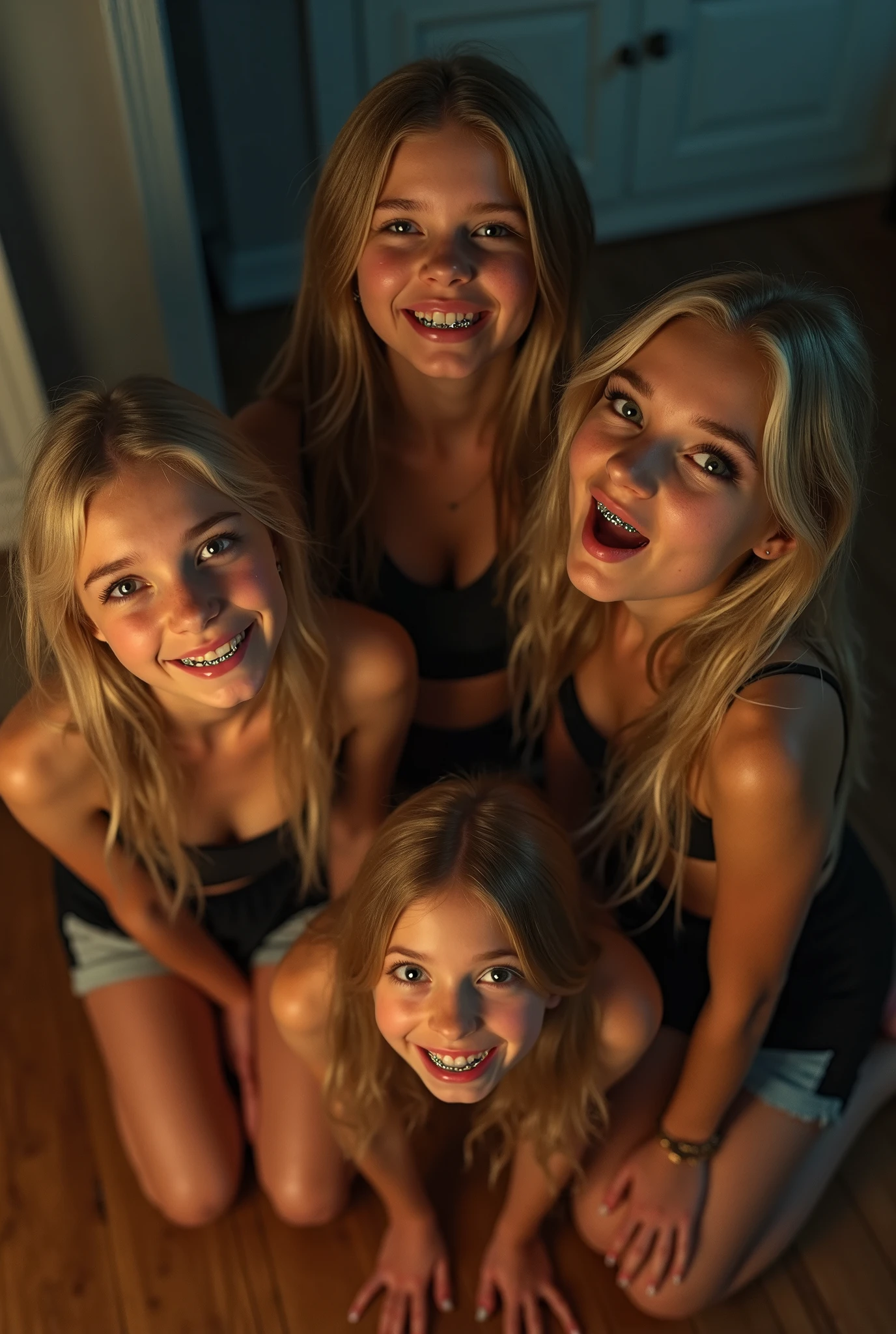 Very realistic photo of 6 very young girls, *******r,  long blonde hair, tiny cropped tops and mini skirt ,  kneeling on hardwood floor in a bedroom at night, viewed from above, braces,  Open mouth, wet face,  full lips. Focus auf die braces und sehen den Betrachter an.