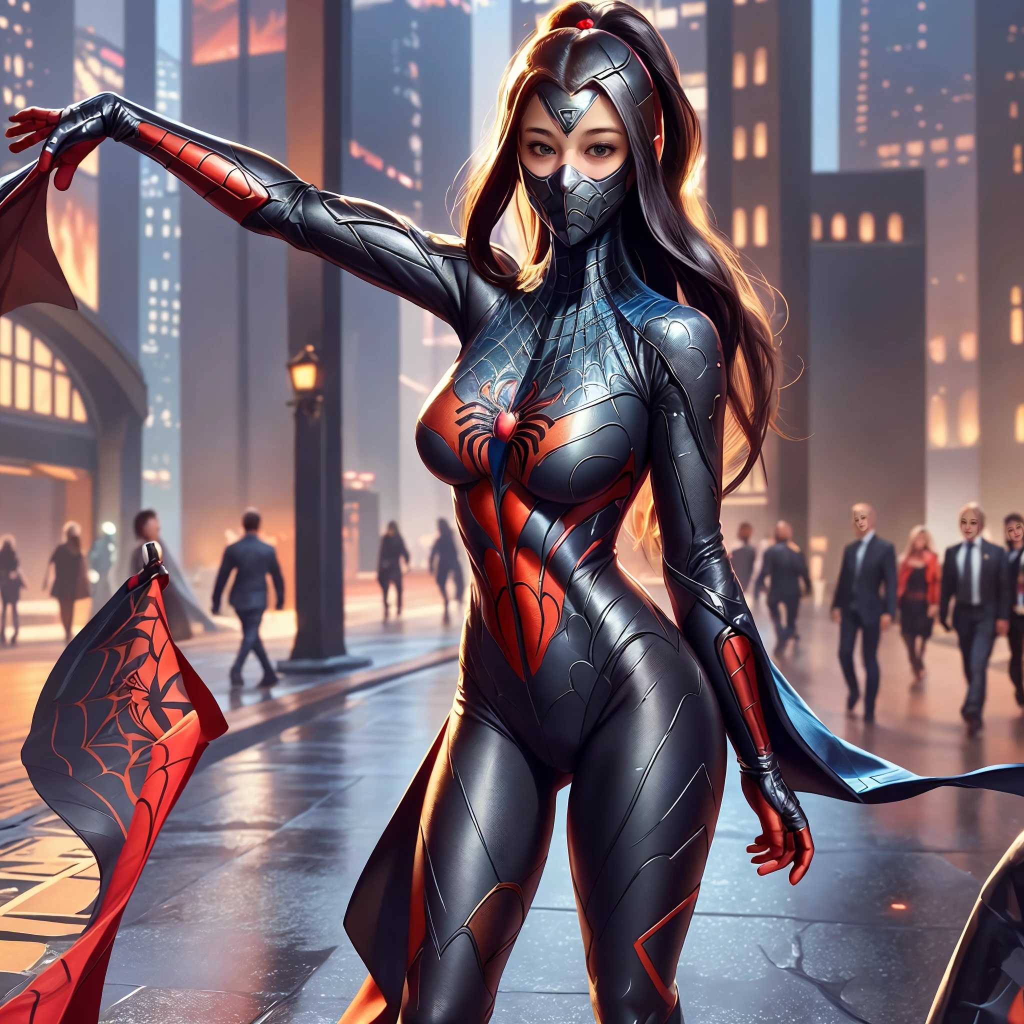 Horror-themed <lora:She-Venom-FFusion.LORA:1> a she venom in a red dress is walking down a dark street, cyberpunk art ultrarealistic 8k, 3 d render character art 8 k, hyperrealistic cyberpunk style, trending on artstation 4k, cyberpunk horror style, amazing 8k character concept art, 8k render, 4k concept art and hyper realism, photorealistic dark concept art, cyberpunk dark fantasy art . Eerie, unsettling, dark, spooky, suspenseful, grim, highly detailed
