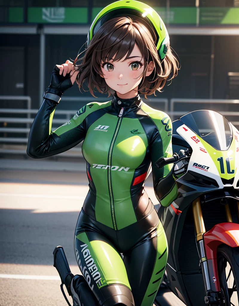  One girl , solo,  high res, chest,  blush,  smiles,  short hair , bangs,  brown eyes,  high res, masterpiece, accurate,  anatomically correct ,  wins numerous awards, 最 High Quality , high detail,  high definition model ,  High Quality ,  retina,  very detailed,  Ultra Fine, Brown Hair, standing, ((( GREEN LEATHER RACING SUIT ))), circuit field background , GREEN SPORTS BIKE ,  wear a green racing suit all over, Leather gloves,  open your mouth and laugh, Highlight the whole body,  don't reveal your skin, During a circuit race, Motorcycle circuit , motorcycle circuit,  racing suit with sponsor logo , ( One girl , Well-proportioned body,  cute face,  short hair:1.2), (最 High Quality ,  high res,  ANIME STYLE,  Motorsports rider with digital drawing mode  ,  realistic :1.1), MotoGP rider,  pose beside a Moto GP bike with a helmet in hand,  depth of field ,  Circuit Background ,  detailed texture with helmet in hand, No. 15, Sharpened Knee Slider,