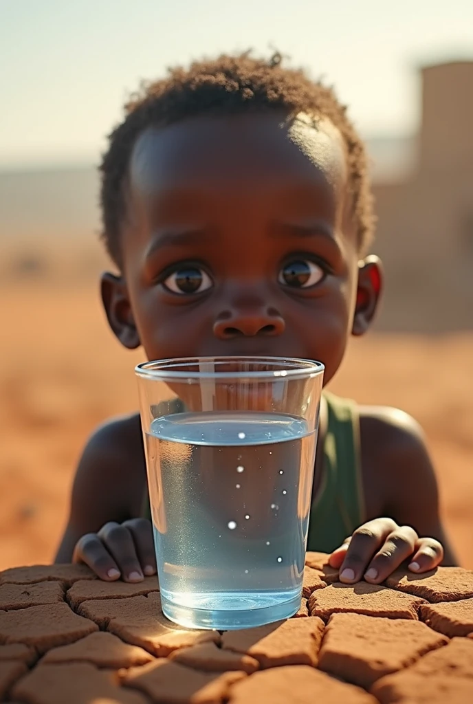 African child very happy and holding a glass of water with the background of the desert and a hut and other children playing