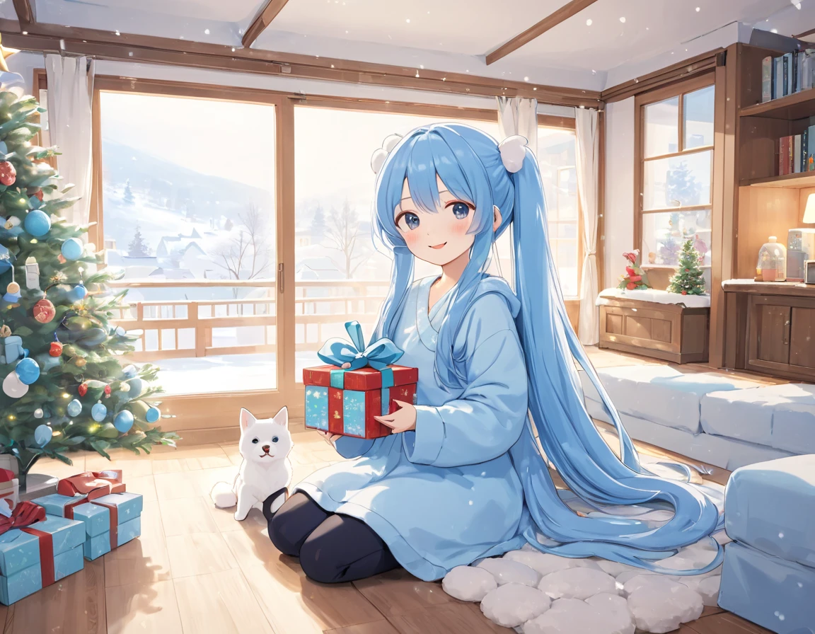   Light Blue Long Hair 、 a little character with a twin-tail hairstyle、 Looking at the bright living room 、Warm room with fireplace 、 Outside the window is a clear, snowy landscape、 I'm smiling and holding a Christmas present、My dog is on my side 、 christmas tree  、