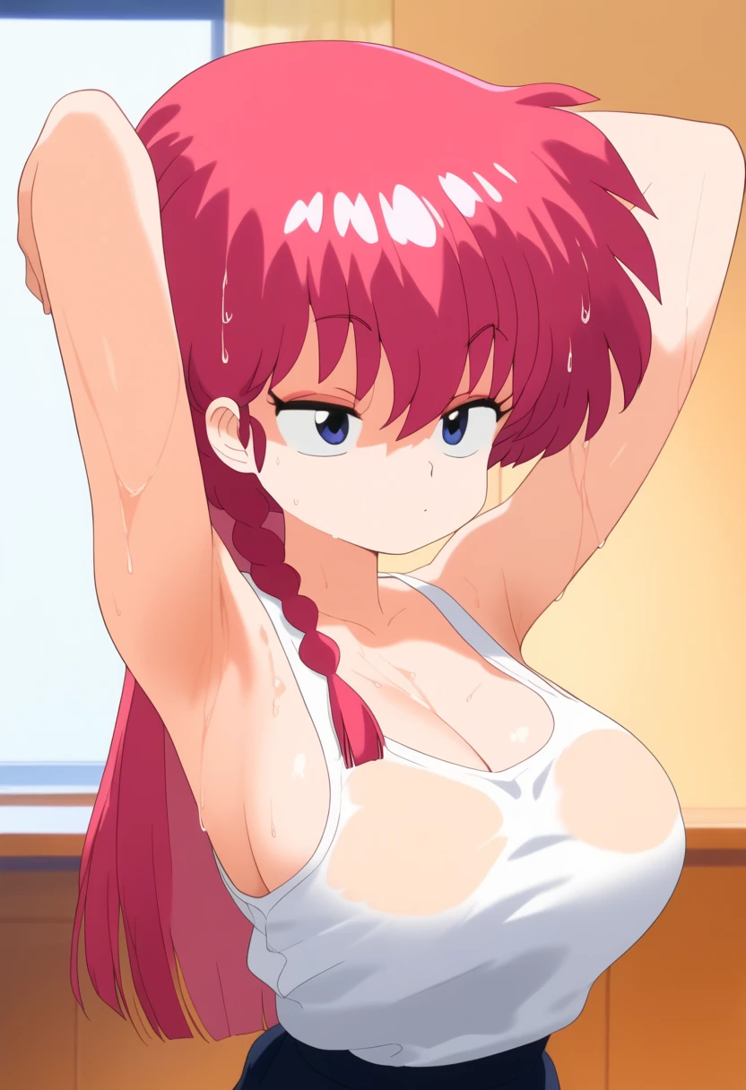 1 girl,  Ranma saotome ,  red hair,  hair with a braid,  blue eyes,  detailed eyes ,  big breasts,  NSFW,  detailed face ,  huge and soft breasts, desnuda, room, white tank top, Sexy shirt ,  arms up,  hands behind the head, wet, wet hair, half-closed eyes,  hair on the face,  lavender purple eyelids,  transparent clothes, ropa miy wet