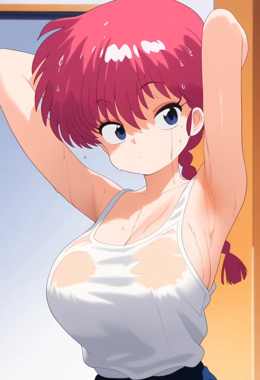 1 girl,  Ranma saotome ,  red hair,  hair with a braid,  blue eyes,  detailed eyes ,  big breasts,  NSFW,  detailed face ,  huge and soft breasts, desnuda, room, white tank top, Sexy shirt ,  arms up,  hands behind the head, wet, wet hair, half-closed eyes,  hair on the face,  lavender purple eyelids,  transparent clothes, ropa miy wet