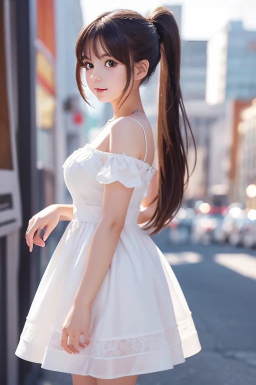 highest quality、4K quality、lean against the wall、Beautiful cleavage、Beautiful Style、tall、Small breasts、Bare buttocks、Small Ass、Shy face、20 year old princess、Bare shouldery skirt is blown up by the wind、ultra detail eye,Shooting from behind、Off-the-shoulder summer dress、Grab the hem of your skirt、nude legs、stick out your tongue and wink