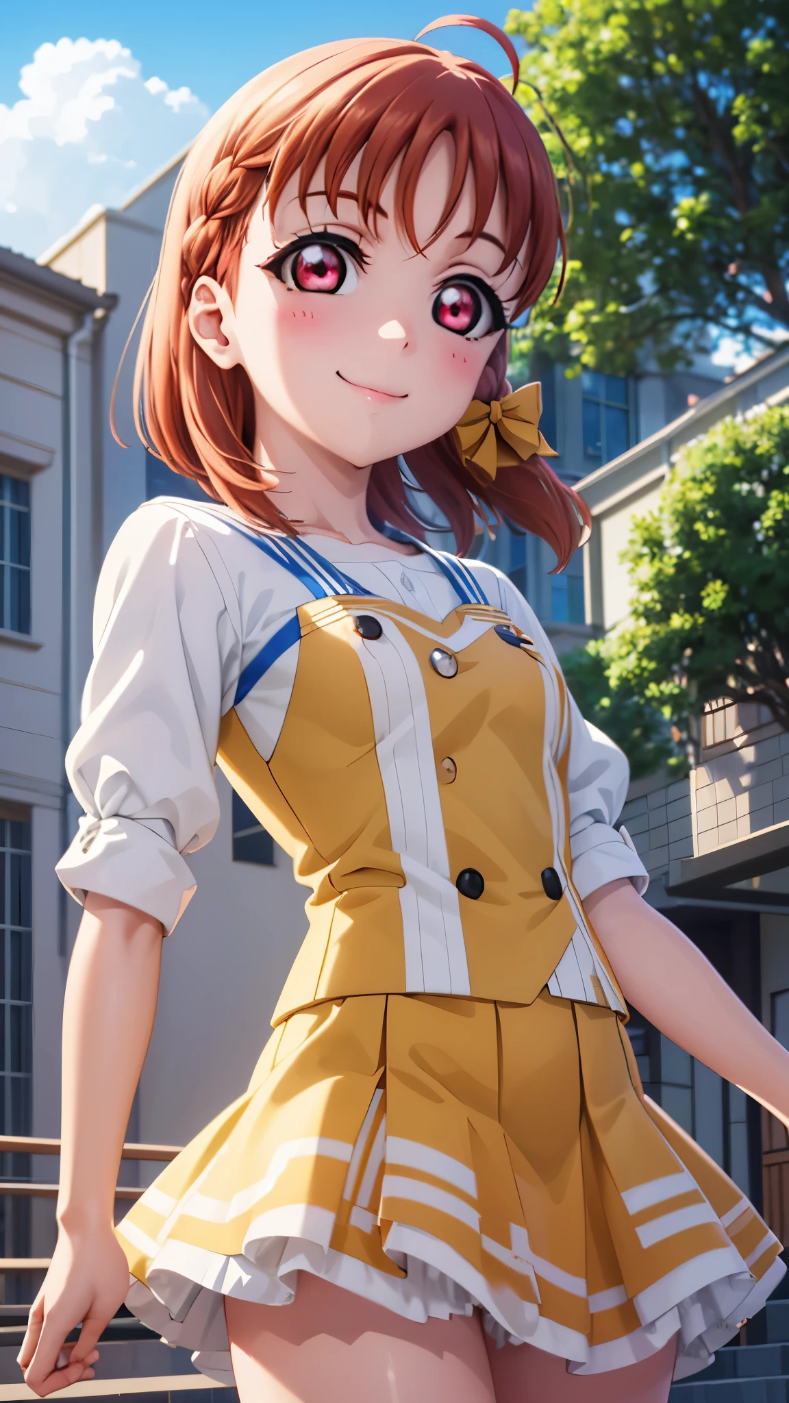 Chikatakami  , Takami Chika,  short hair,  hair accessory as Kamui , ( red eyes:1.3), bow,  braided ,  , hair bow,  orange hair, side  braided , yellow bow, clover  hair accessory as Kamui ,
break skirt,break looking at viewer, ( cowboy shot:1.5),
break (masterpiece:1.2),  top quality ,  high res, unity 8k wallpaper, ( illustration:0.8), ( beautiful detailed eyes:1.6),  Extremely Exquisite Face ,  perfect lighting,  extremely detailed CG, (perfect hand,  Perfect Anatomy), blush,  smiles, (((blue sky))),(((jumping))),