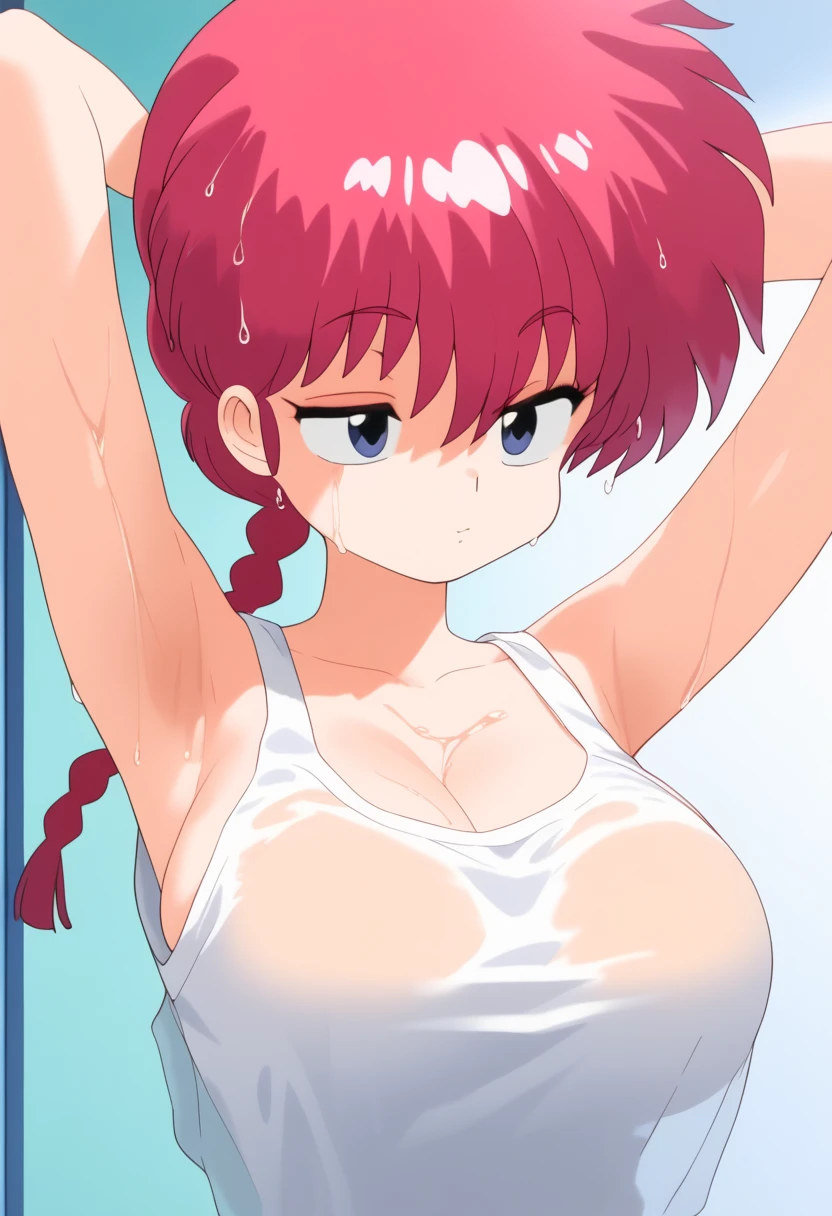 1 girl,  Ranma saotome ,  red hair,  hair with a braid,  blue eyes,  detailed eyes ,  big breasts,  NSFW,  detailed face ,  huge and soft breasts, desnuda, room, white tank top, Sexy shirt ,  arms up,  hands behind the head, wet, wet hair, half-closed eyes,  hair on the face,  lavender purple eyelids,  transparent clothing , ropa miy wet,  speaking , 