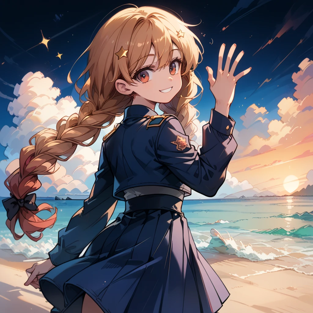 1girl, solo,smile, beach,(sunset:1.1),  akagi_rin(denchi-project), solo,  star hair ornament, twin braids,sparkle, from behind, looking back, huge sunset,red floating, uniform, night, waving, sea