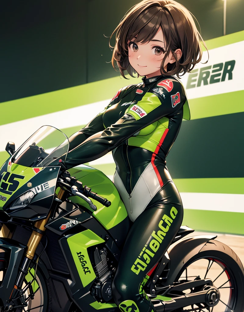  One girl , solo,  high res, chest,  blush,  smiles,  short hair , bangs,  brown eyes,  high res, masterpiece, accurate,  anatomically correct ,  wins numerous awards, 最 High Quality , high detail,  high definition model ,  High Quality ,  retina,  very detailed,  Ultra Fine, Brown Hair, standing, ((( GREEN LEATHER RACING SUIT ))), circuit field background , GREEN SPORTS BIKE ,  wear a green racing suit all over, Leather gloves,  open your mouth and laugh, Highlight the whole body,  don't reveal your skin, During a circuit race, Motorcycle circuit , motorcycle circuit,  racing suit with sponsor logo , ( One girl , Well-proportioned body,  cute face,  short hair:1.2), (最 High Quality ,  high res,  ANIME STYLE,  Motorsports rider with digital drawing mode  ,  realistic :1.1), MotoGP rider,  pose beside a Moto GP bike with a helmet in hand,  depth of field ,  Circuit Background ,  detailed texture with helmet in hand, No. 15, 