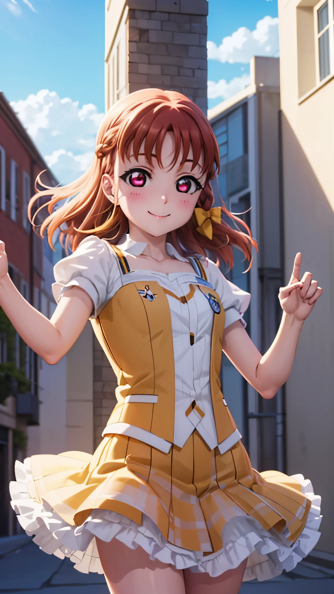 Chikatakami  , Takami Chika,  short hair,  hair accessory as Kamui , ( red eyes:1.3), bow,  braided ,  , hair bow,  orange hair, side  braided , yellow bow, clover  hair accessory as Kamui ,
break skirt,break looking at viewer, ( cowboy shot:1.5),
break (masterpiece:1.2),  top quality ,  high res, unity 8k wallpaper, ( illustration:0.8), ( beautiful detailed eyes:1.6),  Extremely Exquisite Face ,  perfect lighting,  extremely detailed CG, (perfect hand,  Perfect Anatomy), blush,  smiles, (((blue sky))),(((jumping))),