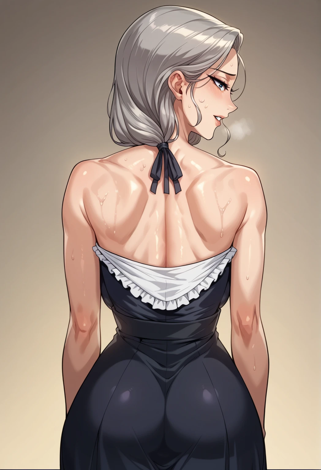  hyperrealistic, Grandmother, Mother and daughter,  mature woman, sex, Perfect face,  perfect lighting , sexy lips,white髪、long gray hair、  low tied long hair 、Sexy female,  big breasts, sweat、white(( Center frill  ))blouse、 tight blue high-waisted skirt 、(( back view:2))