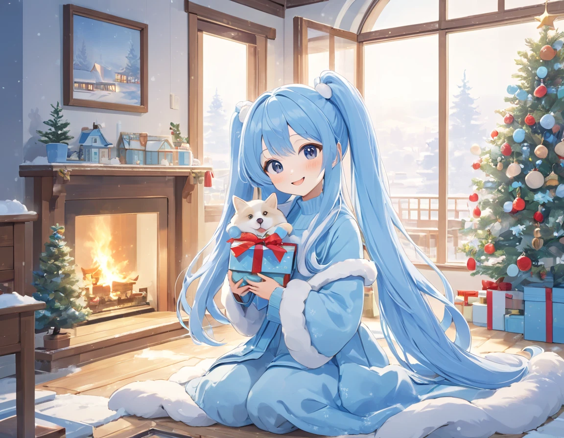   Light Blue Long Hair 、 a little character with a twin-tail hairstyle、 Looking at the bright living room 、Warm room with fireplace 、 Outside the window is a clear, snowy landscape、 I'm smiling and holding a Christmas present、My dog is on my side 、 christmas tree  、