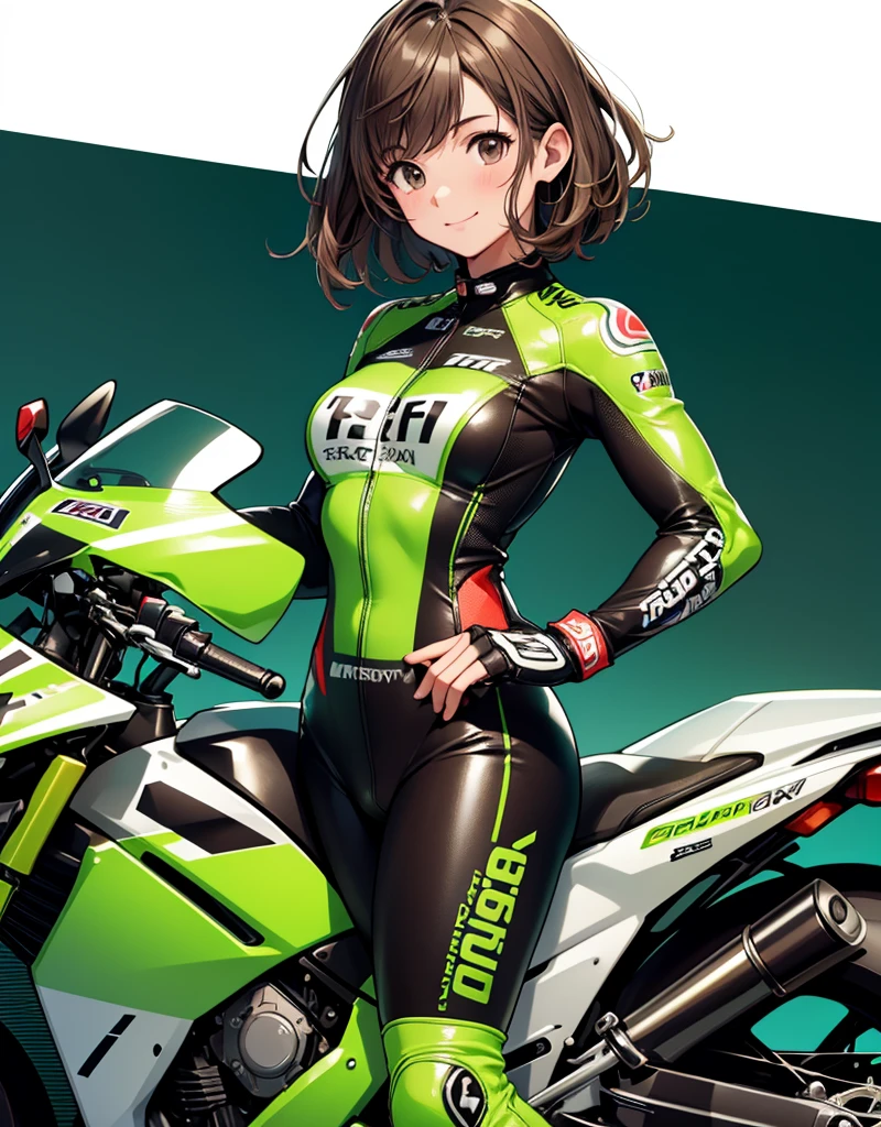  One girl , solo,  high res, chest,  blush,  smiles,  short hair , bangs,  brown eyes,  high res, masterpiece, accurate,  anatomically correct ,  wins numerous awards, 最 High Quality , high detail,  high definition model ,  High Quality ,  retina,  very detailed,  Ultra Fine, Brown Hair, standing, ((( GREEN LEATHER RACING SUIT ))), circuit field background , GREEN SPORTS BIKE ,  wear a green racing suit all over, Leather gloves,  open your mouth and laugh, Highlight the whole body,  don't reveal your skin, During a circuit race, Motorcycle circuit , motorcycle circuit,  racing suit with sponsor logo , ( One girl , Well-proportioned body,  cute face,  short hair:1.2), (最 High Quality ,  high res,  ANIME STYLE,  Motorsports rider with digital drawing mode  ,  realistic :1.1), MotoGP rider,  pose beside a Moto GP bike with a helmet in hand,  depth of field ,  Circuit Background ,  detailed texture with helmet in hand, No. 15, 