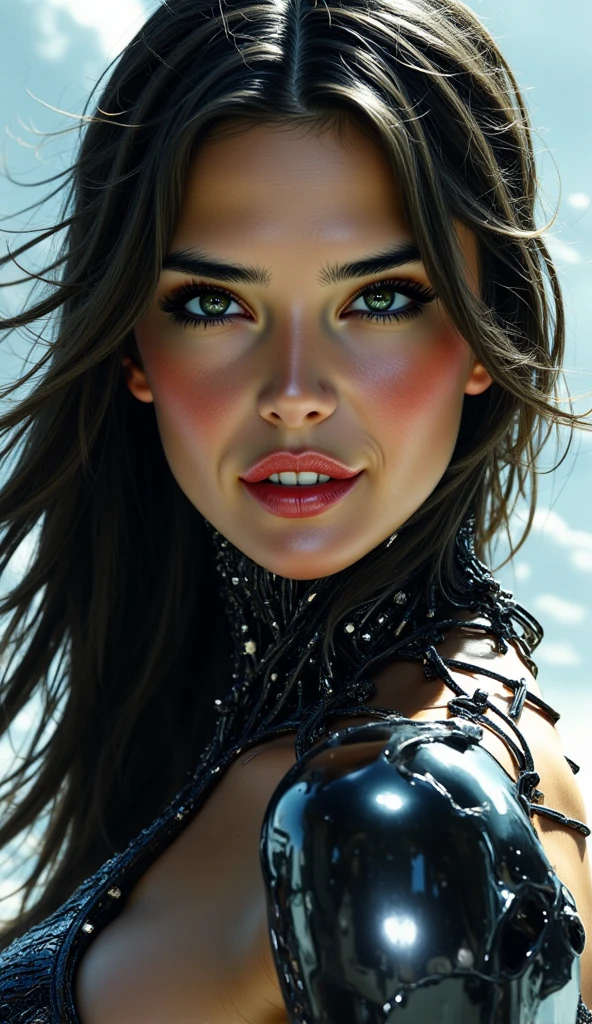 create a futuristic woman with long loose black hair, vibrant blue eyes, thick lips, very beautiful, with a serious face, and with robotic parts