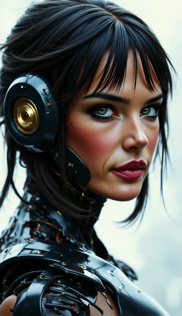 create a futuristic woman with long loose black hair, vibrant blue eyes, thick lips, very beautiful, with a serious face, and with robotic parts