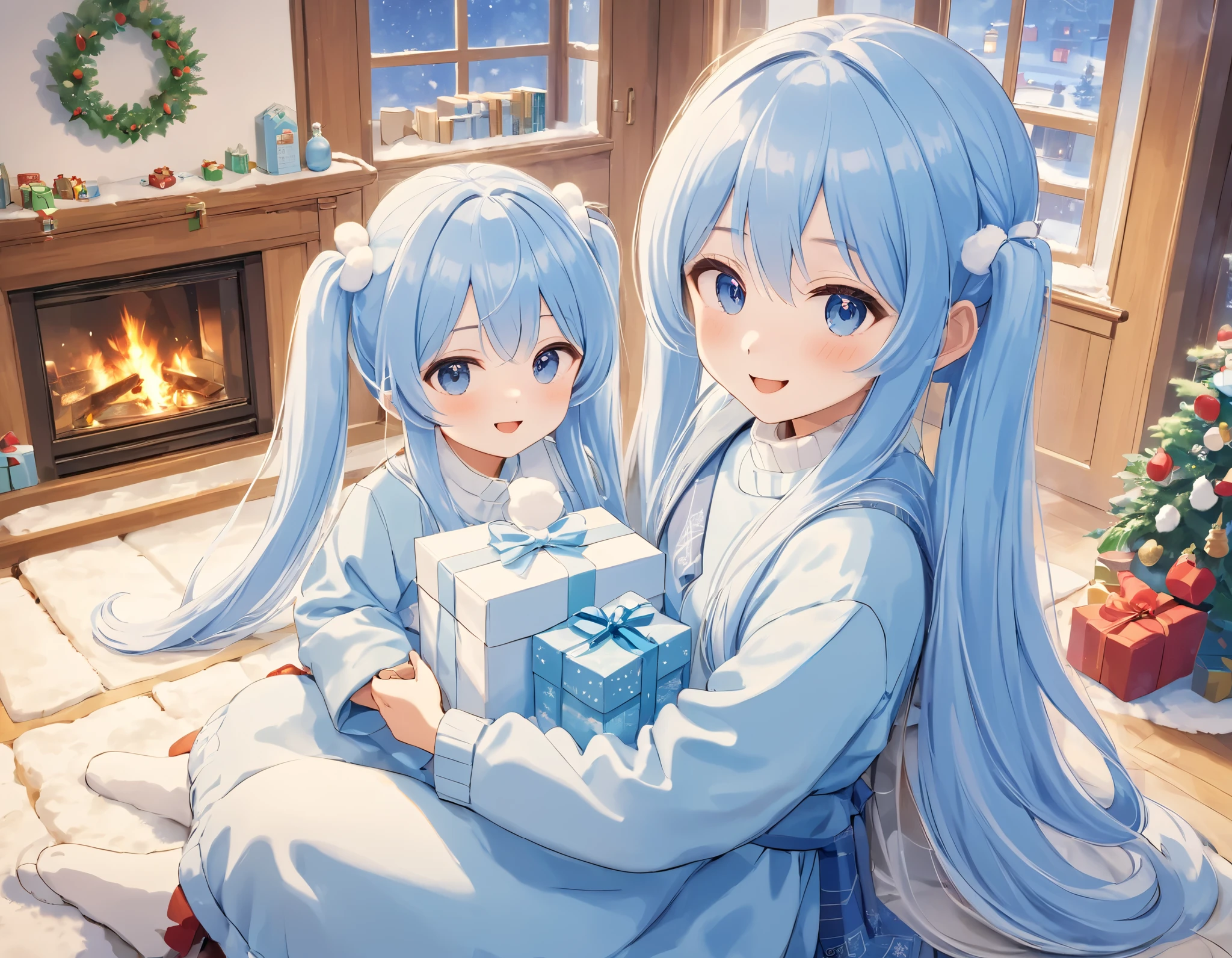   Light Blue Long Hair 、 a little character with a twin-tail hairstyle、 Looking at the bright living room 、Warm room with fireplace 、 Outside the window is a clear, snowy landscape、 I'm smiling and holding a Christmas present、My dog is on my side 、 christmas tree  、